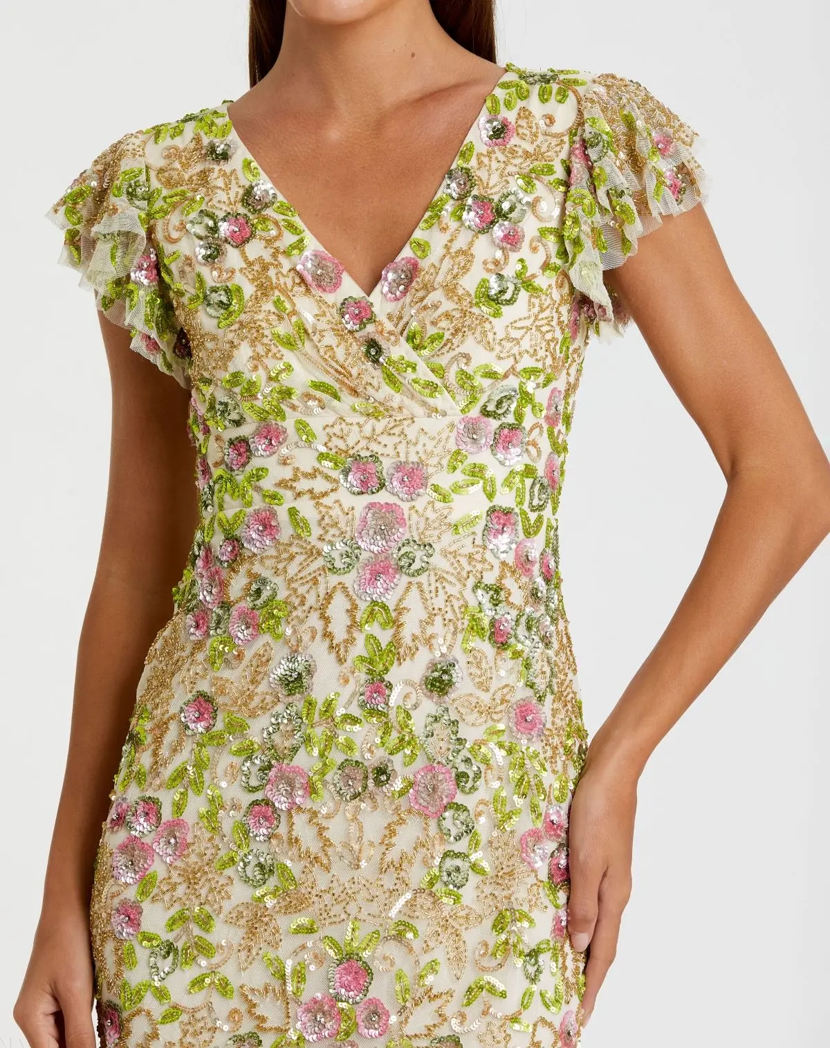 Beige Floral Embellished Flutter Cap Sleeve Dress - Image 2