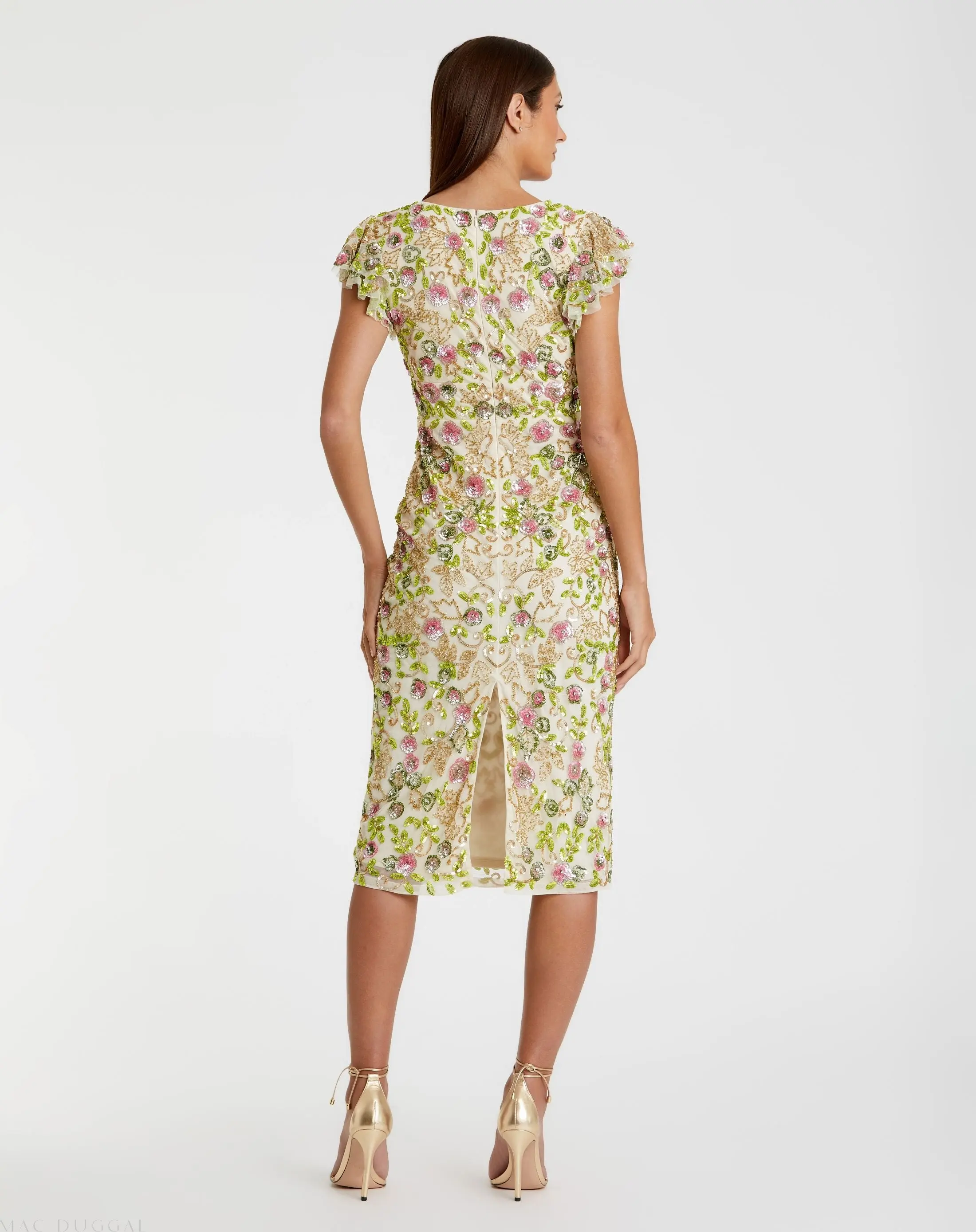 Beige Floral Embellished Flutter Cap Sleeve Dress - Image 3