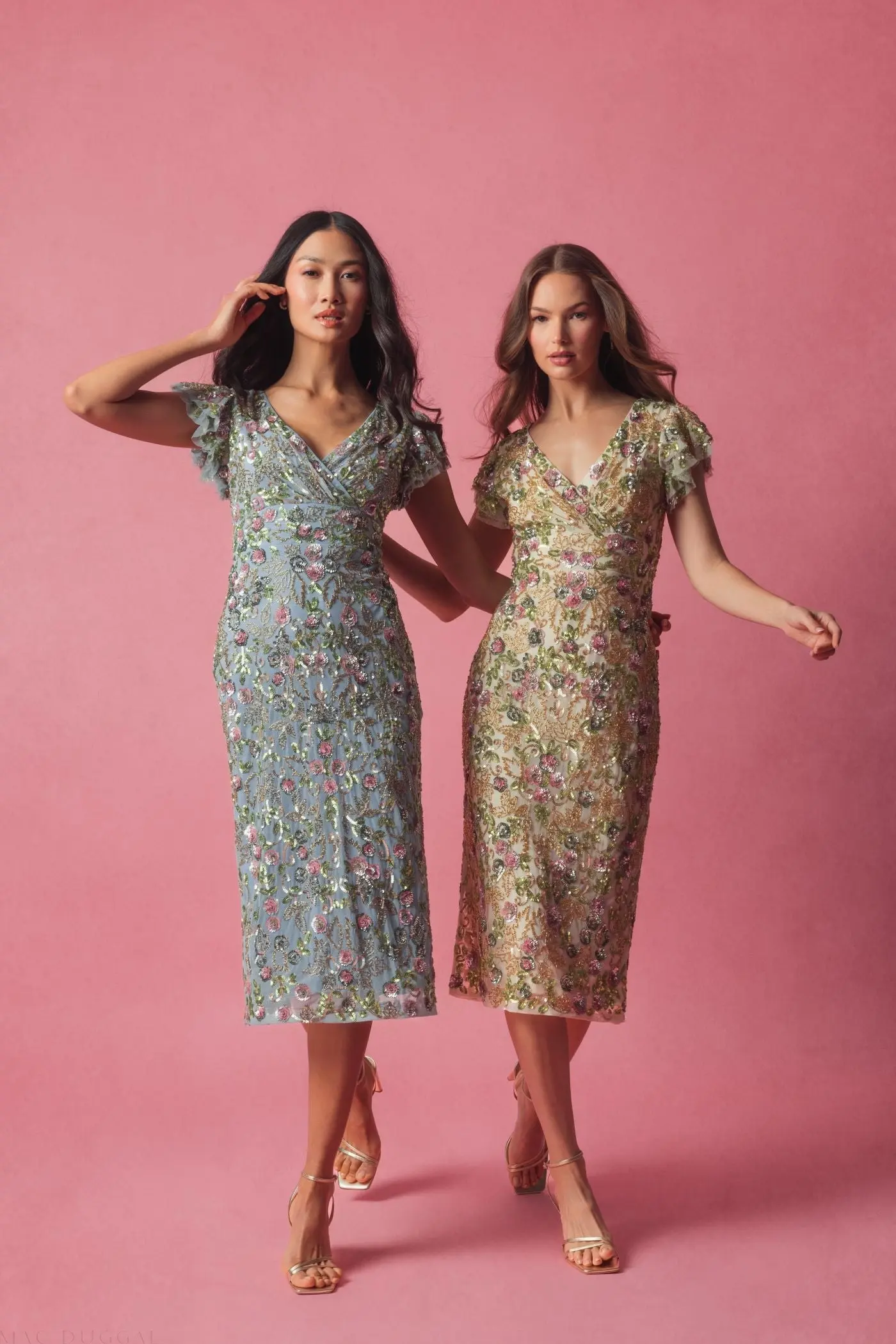 Beige Floral Embellished Flutter Cap Sleeve Dress - Image 4