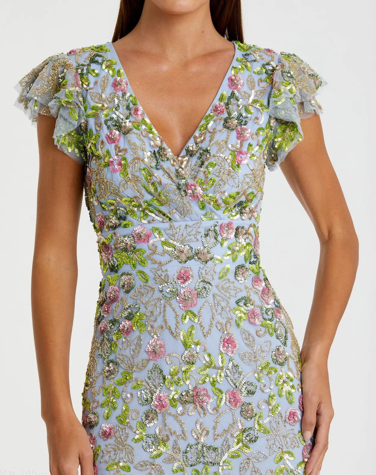 Blue Floral Sequin Embellished Flutter Cap Sleeve Dress - Image 2