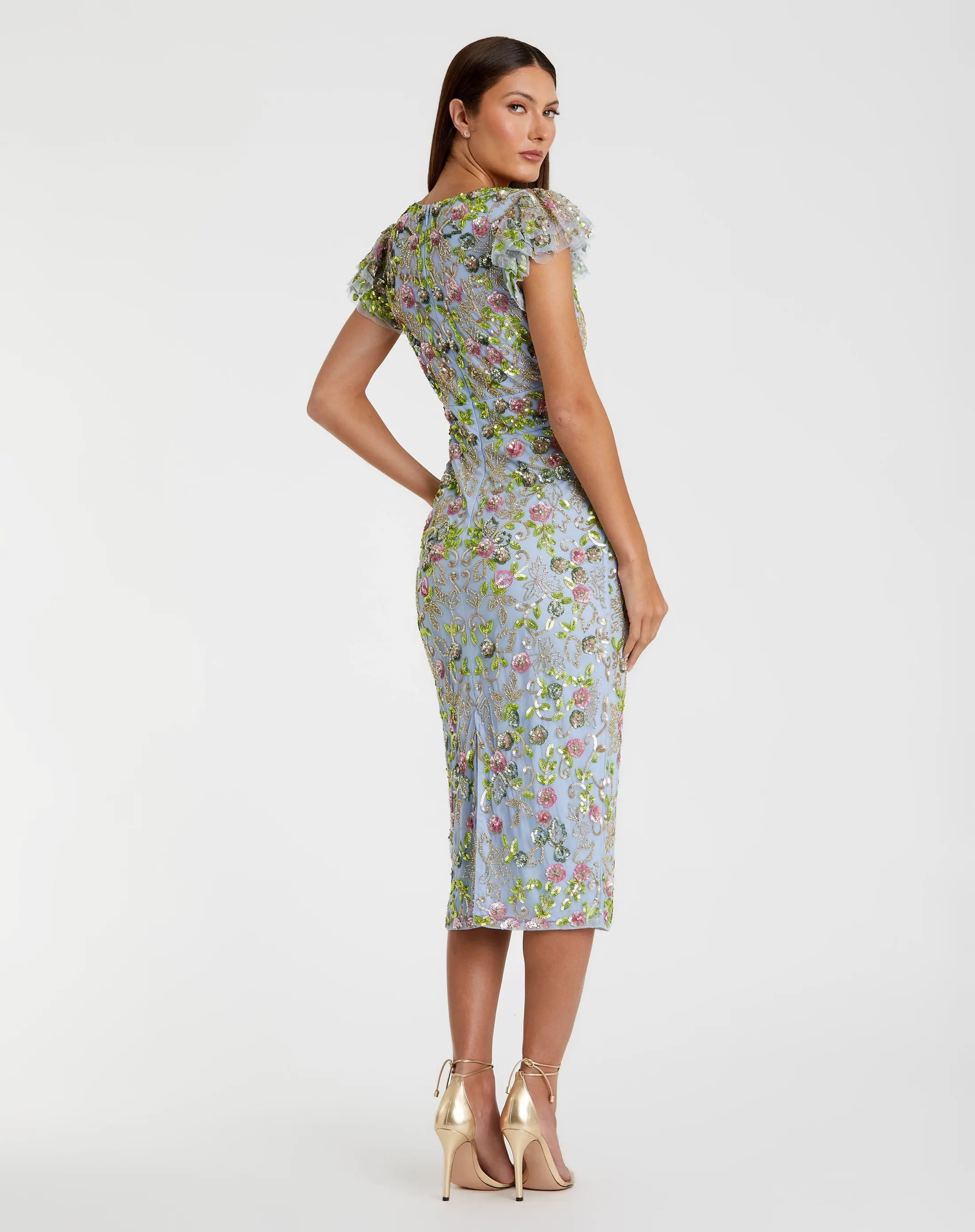 Blue Floral Sequin Embellished Flutter Cap Sleeve Dress - Image 3