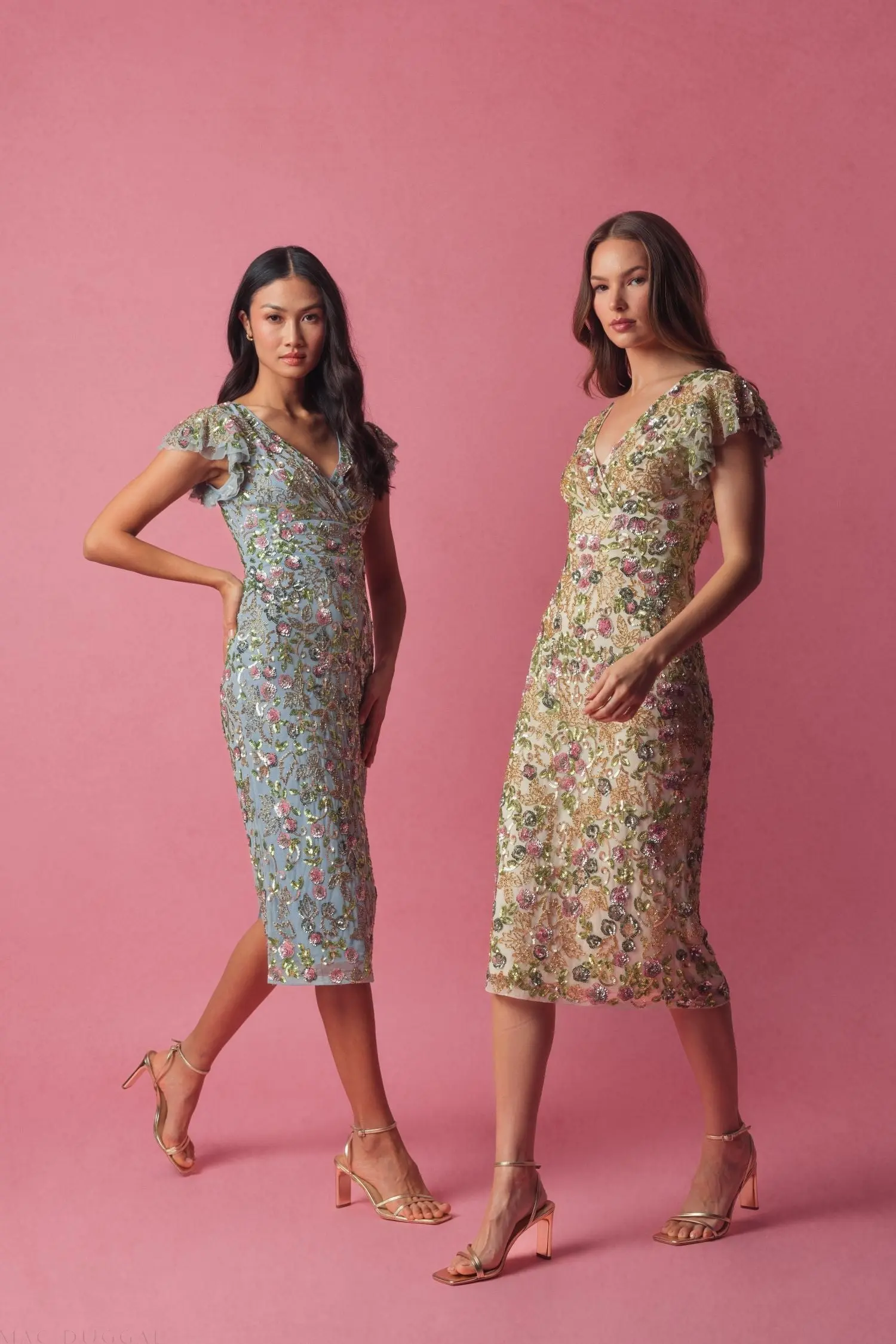 Blue Floral Sequin Embellished Flutter Cap Sleeve Dress - Image 4