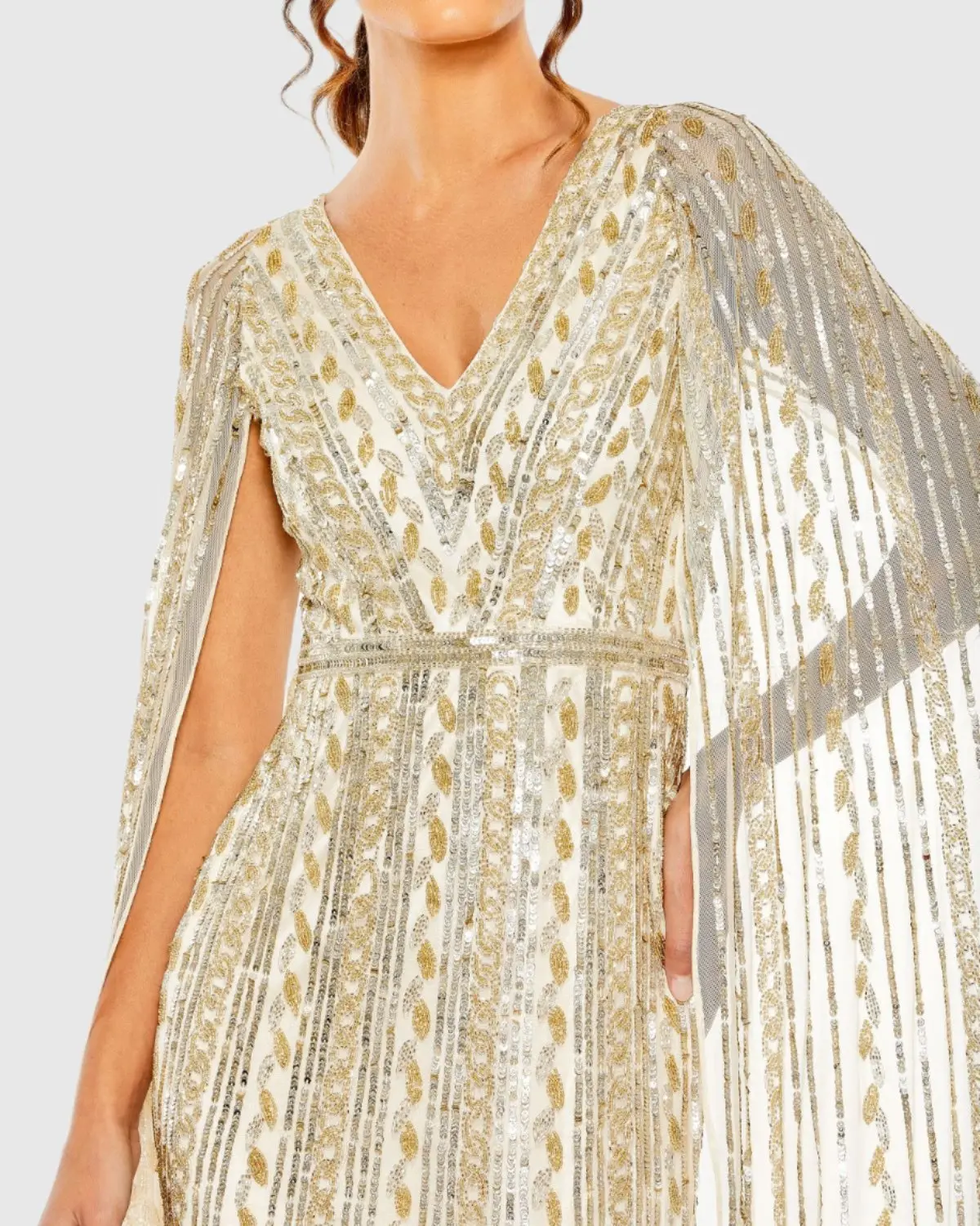 Beige and Silver Sequined V-Neck Gown with Cape Sleeves - Image 2
