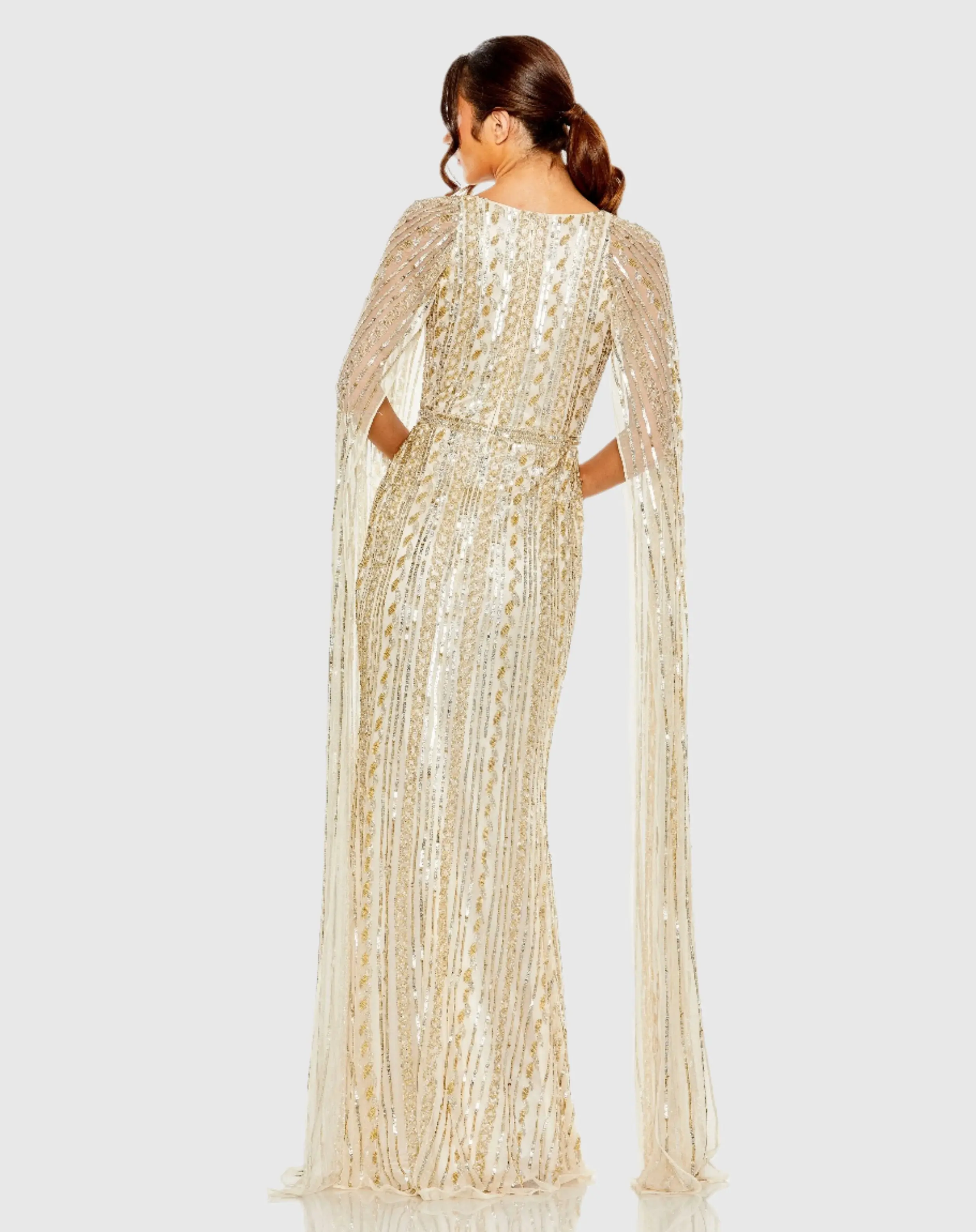 Beige and Silver Sequined V-Neck Gown with Cape Sleeves - Image 3