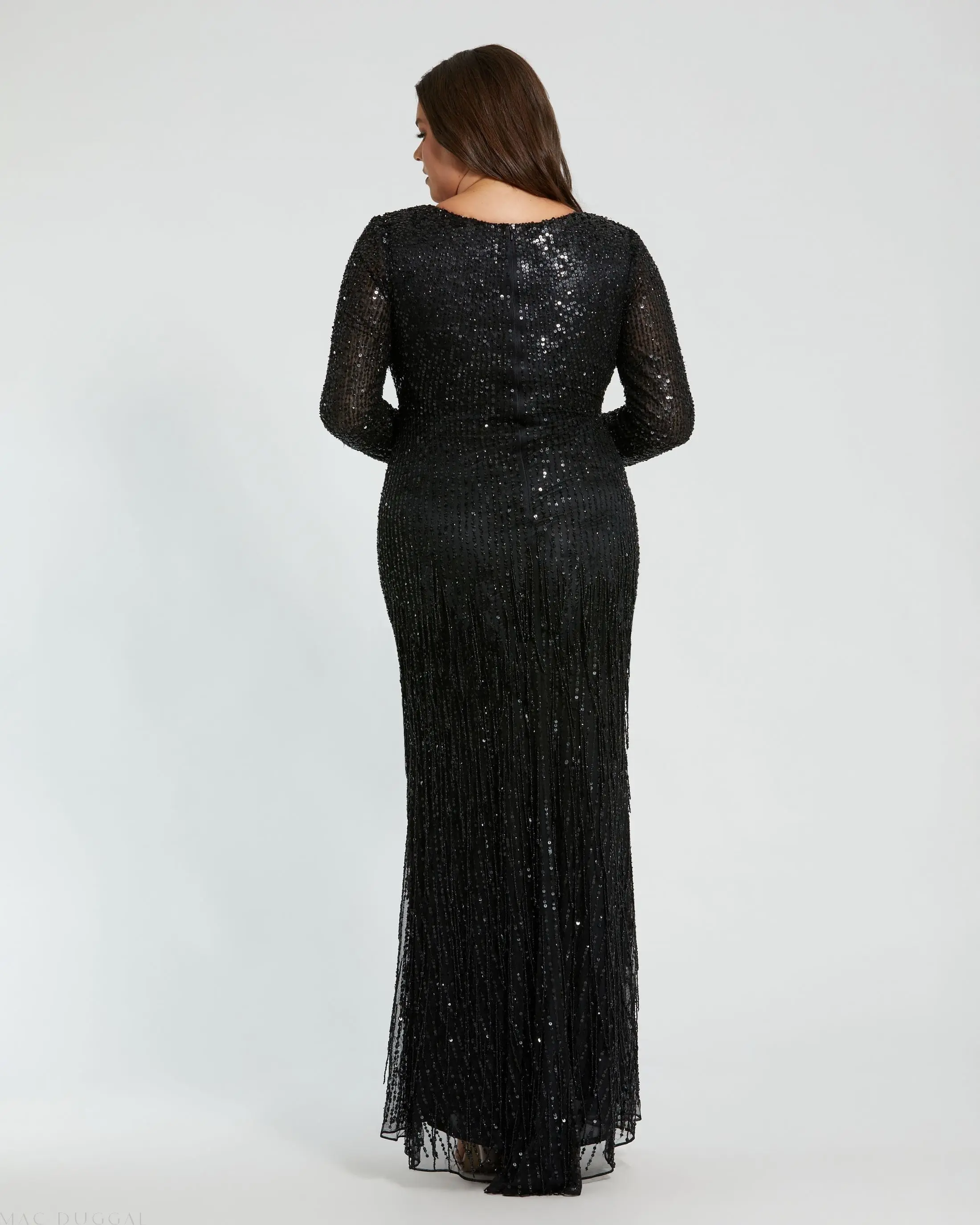 Black Long Sleeve V-Neck Beaded Fringe Gown - Image 3