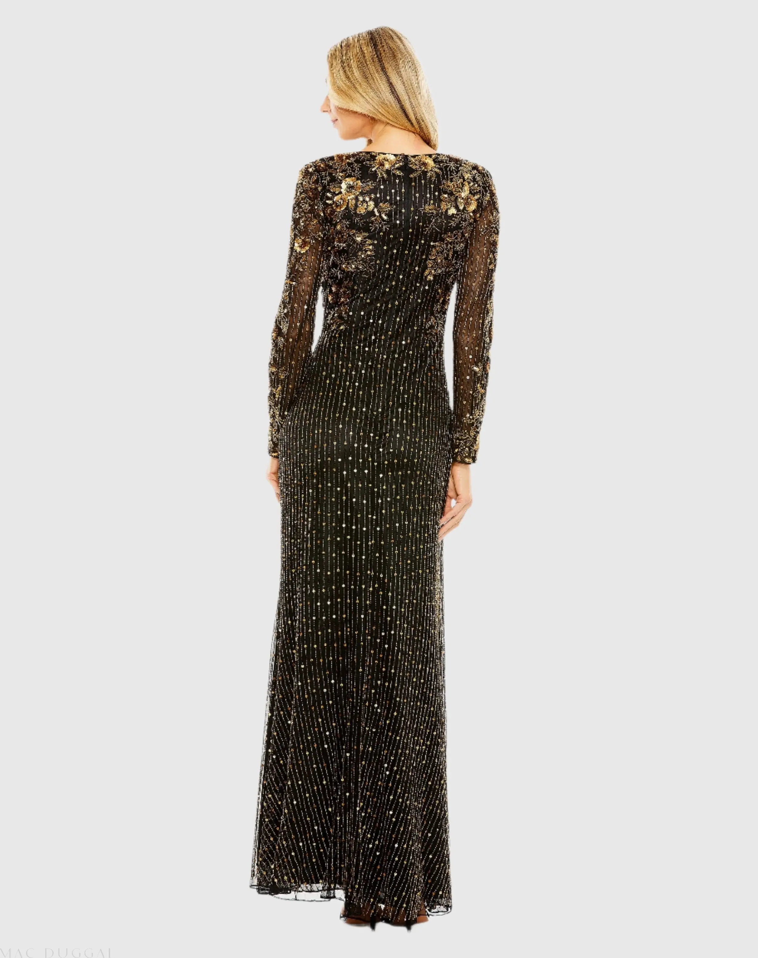 Black High Neck Long Sleeve Embellished Gown - Image 3