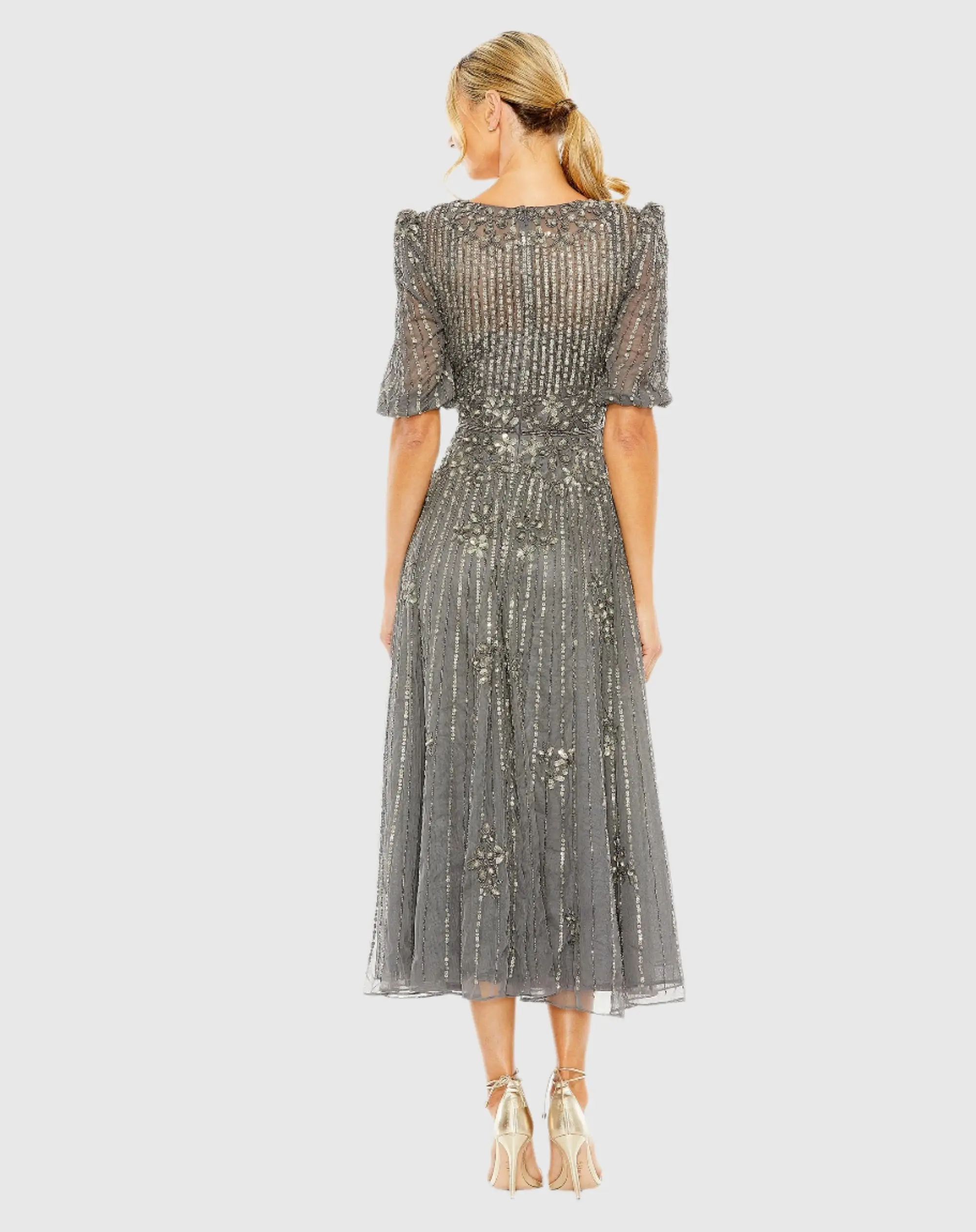 Gray Puff Quarter Length Sleeve V-Neck Dress - Image 3