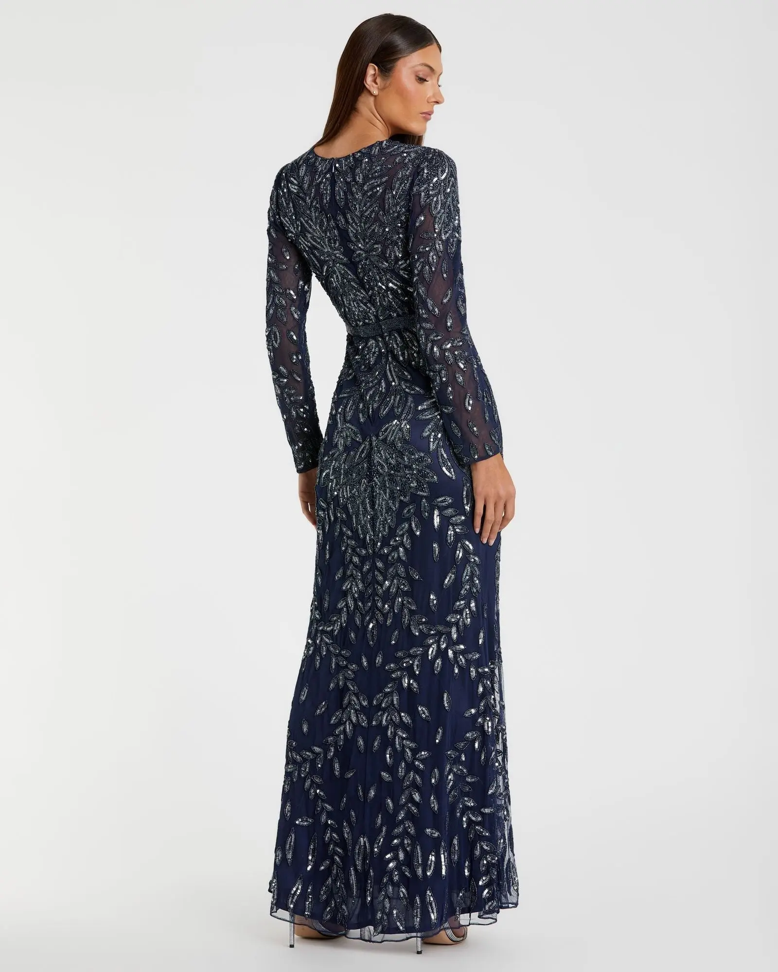Navy Long Sleeve Illusion Neckline Embellished Gown - Image 3