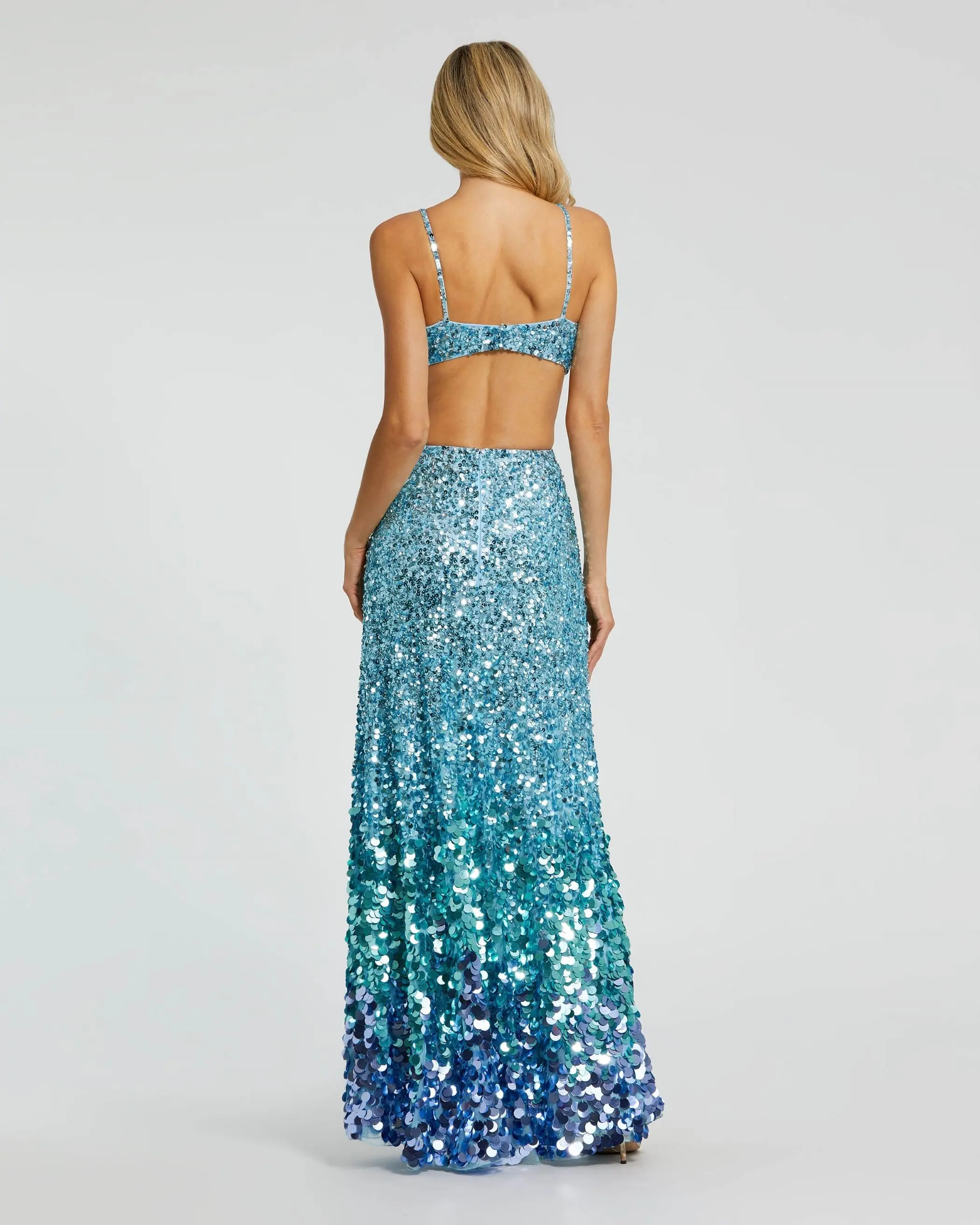 Blue Thin Strap Cut Out Evening Gown With Ombre Sequins - Image 3