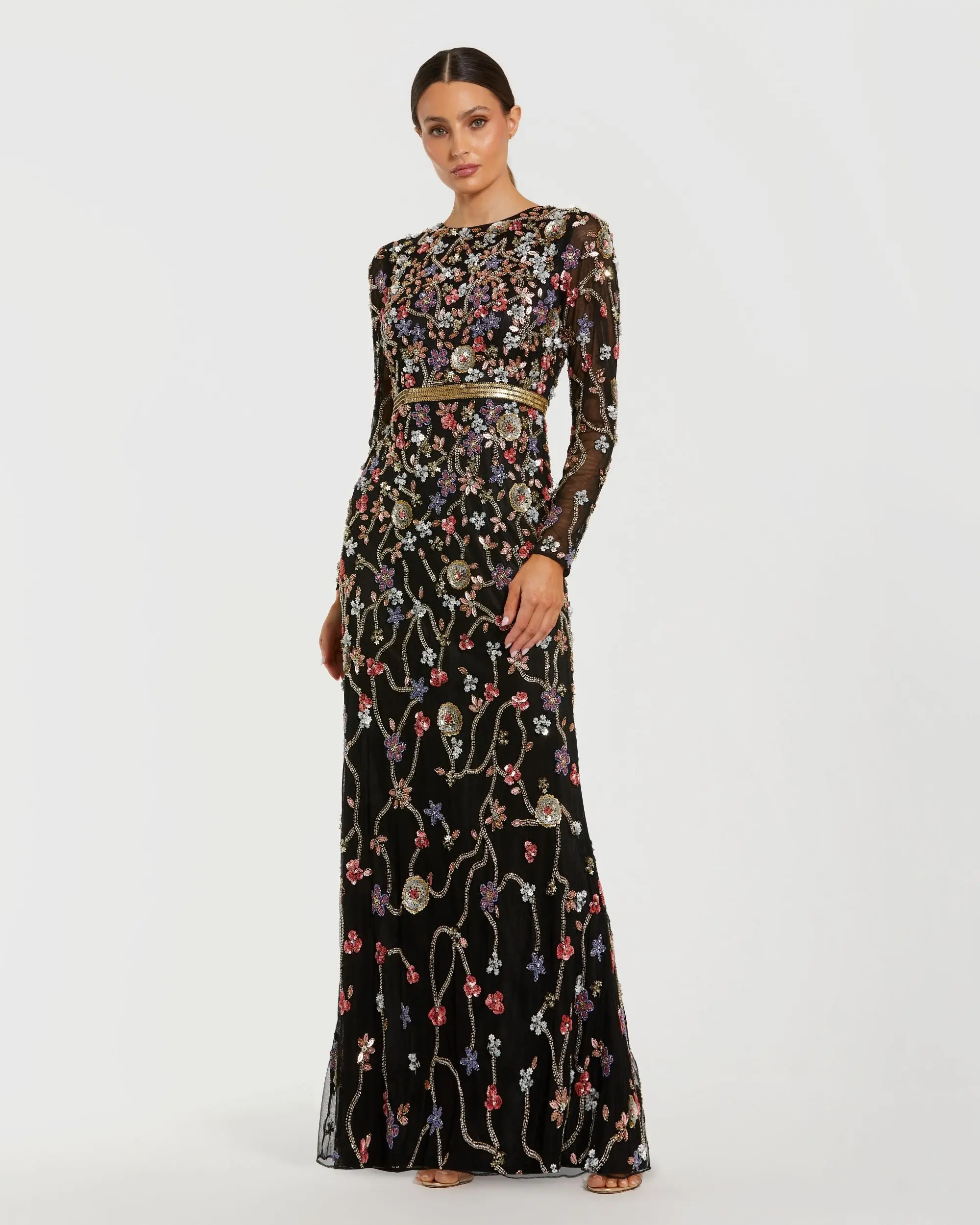 Black Embellished Mesh Long Sleeve Gown
