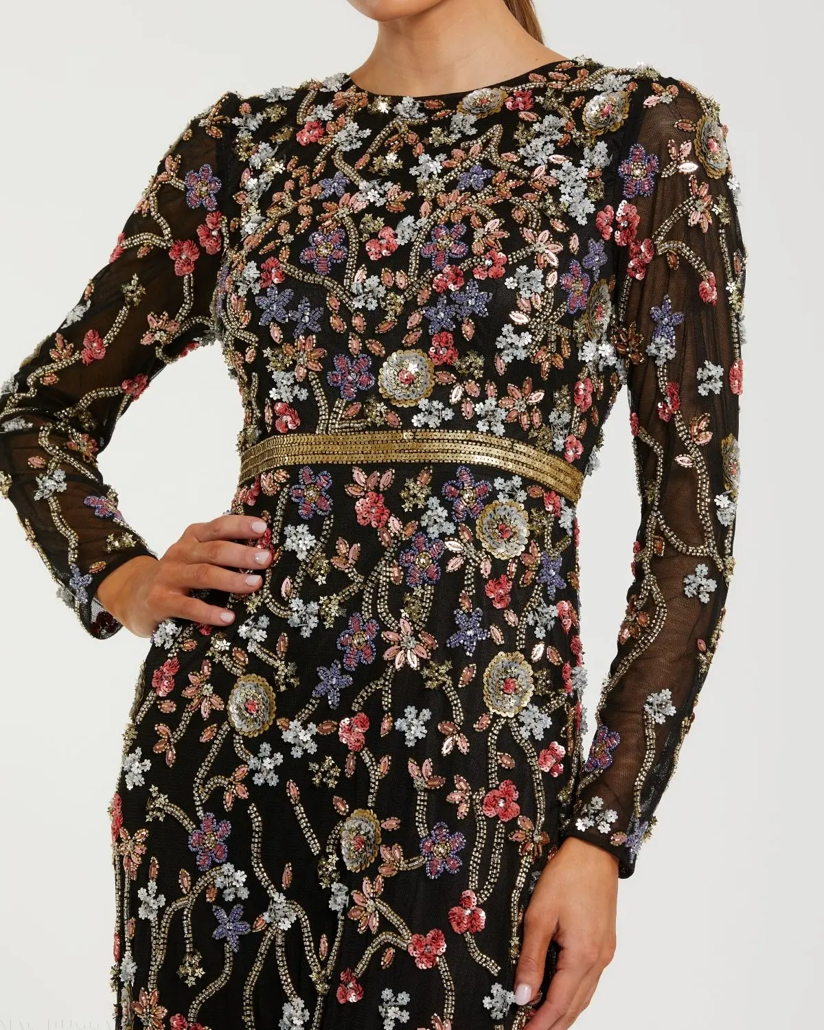 Black Embellished Mesh Long Sleeve Gown - Image 2