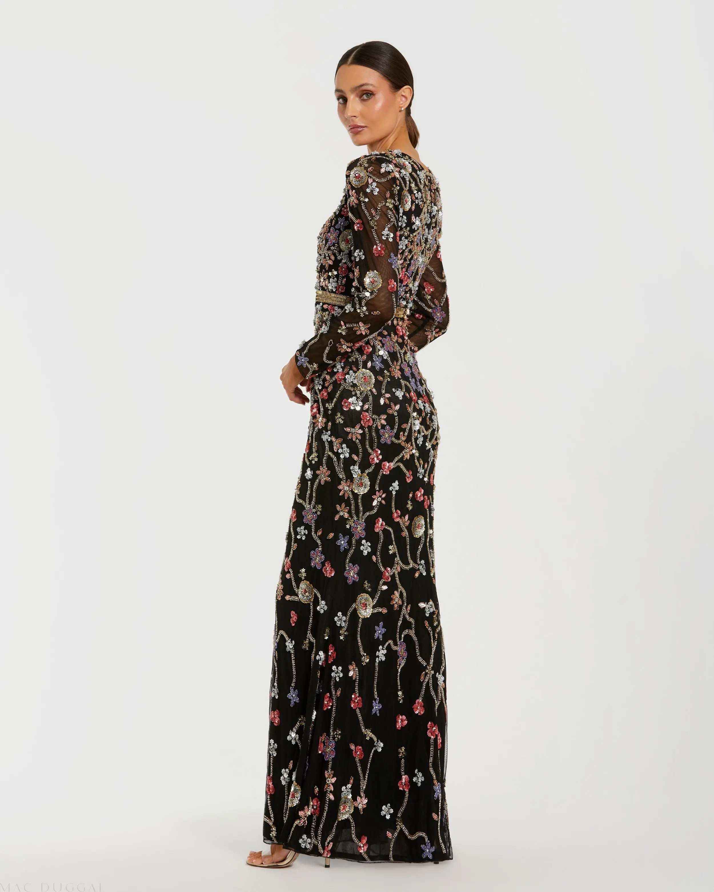 Black Embellished Mesh Long Sleeve Gown - Image 3