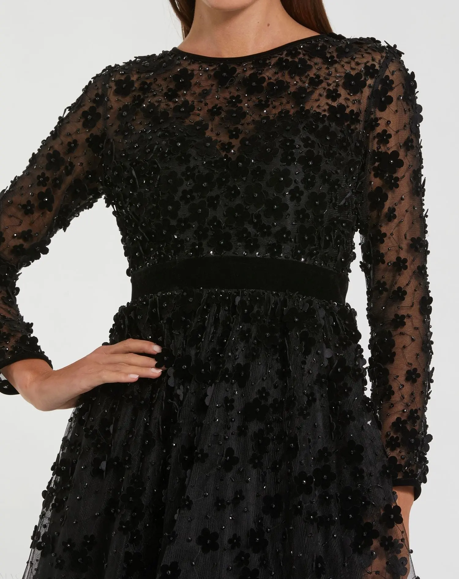 Black Velvet Embellished Illusion Long Sleeve A-Line Midi Dress - Image 2