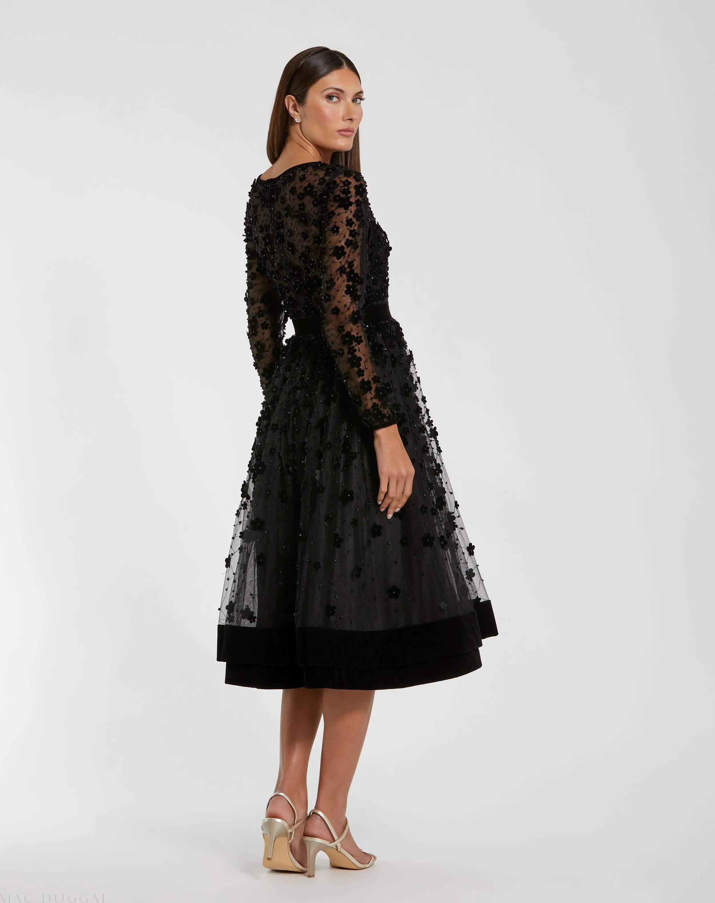 Black Velvet Embellished Illusion Long Sleeve A-Line Midi Dress - Image 3
