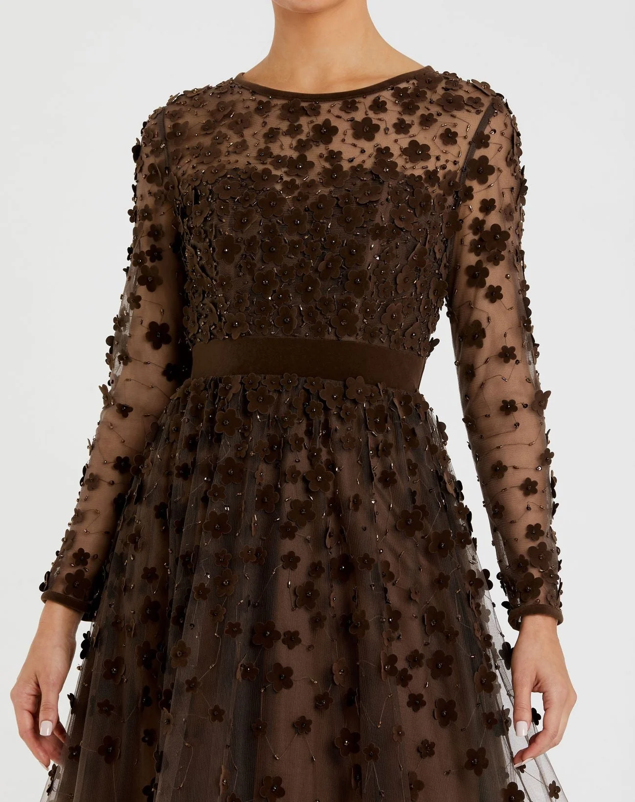 Brown Velvet Embellished Illusion Long Sleeve A-Line Midi Dress - Image 3