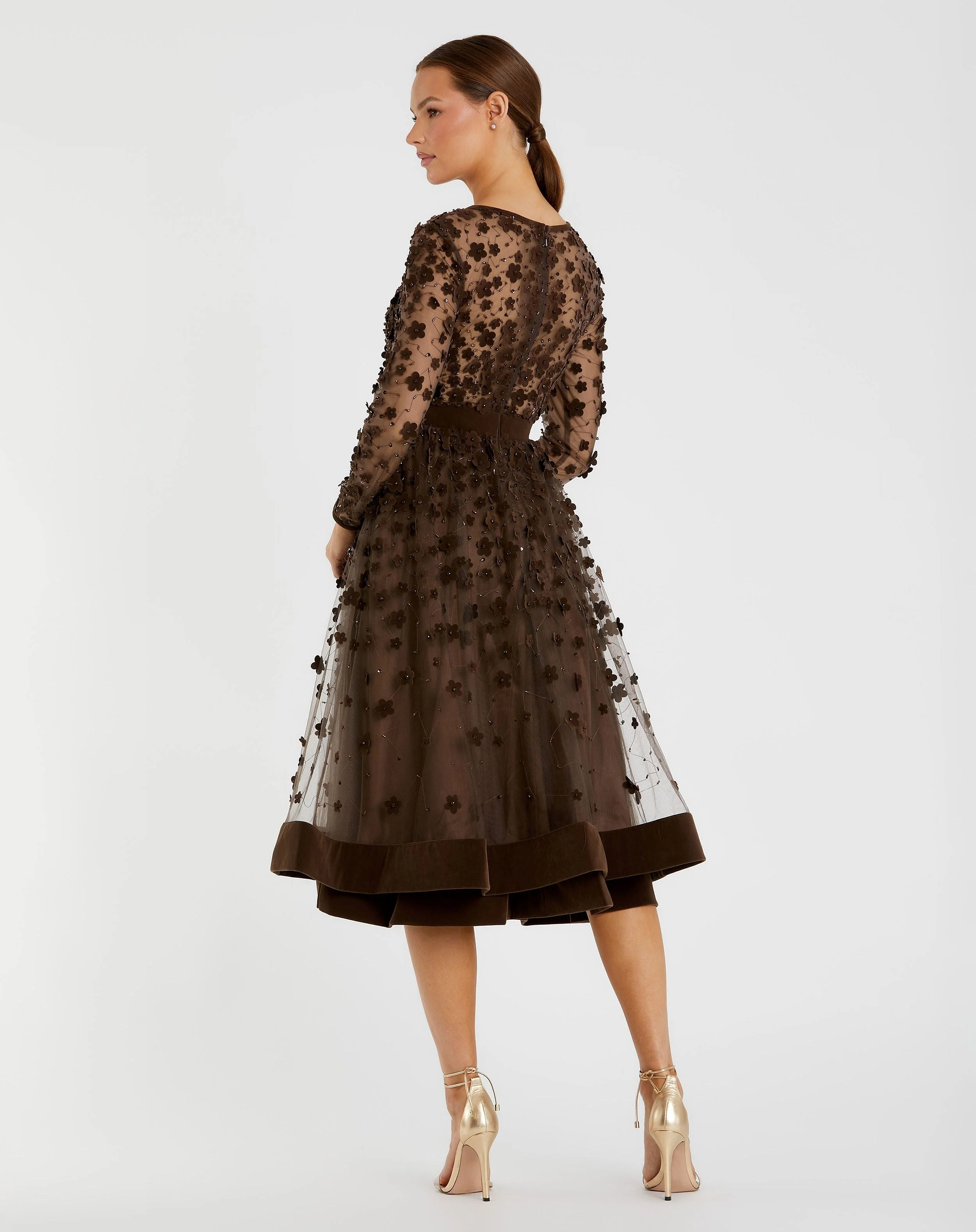 Brown Velvet Embellished Illusion Long Sleeve A-Line Midi Dress - Image 4