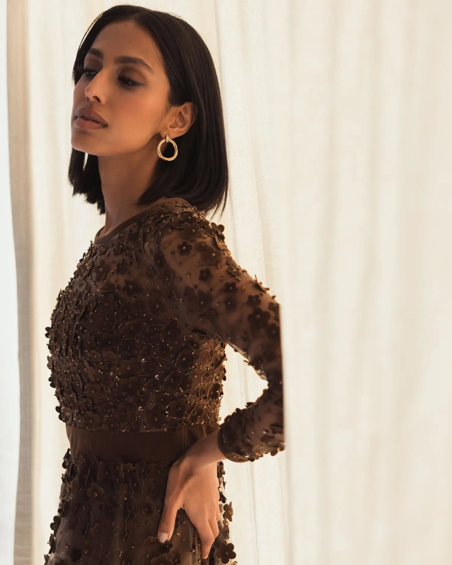 Brown Velvet Embellished Illusion Long Sleeve A-Line Midi Dress - Image 5