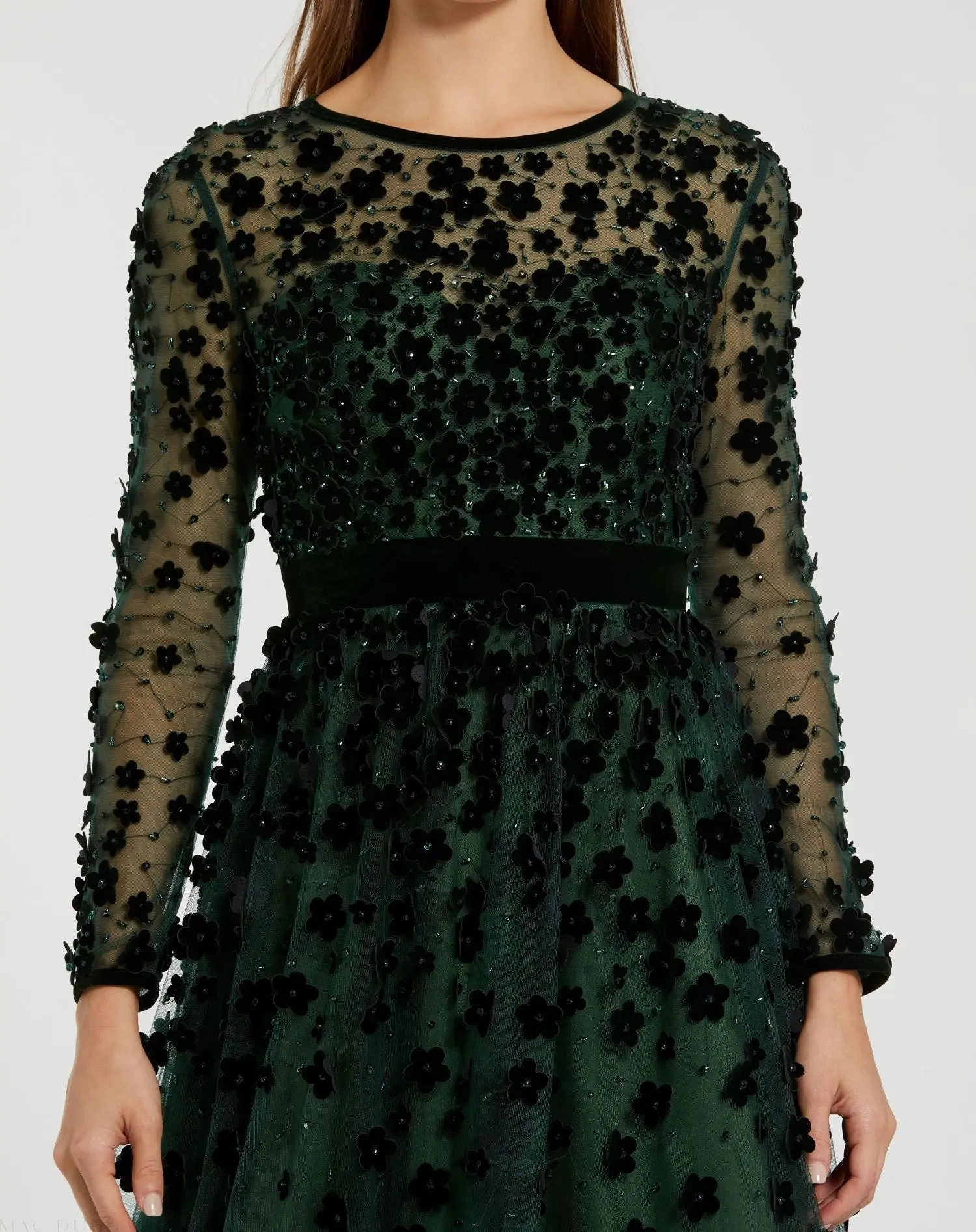 Green Velvet Embellished Illusion Long Sleeve A-Line Midi Dress - Image 2