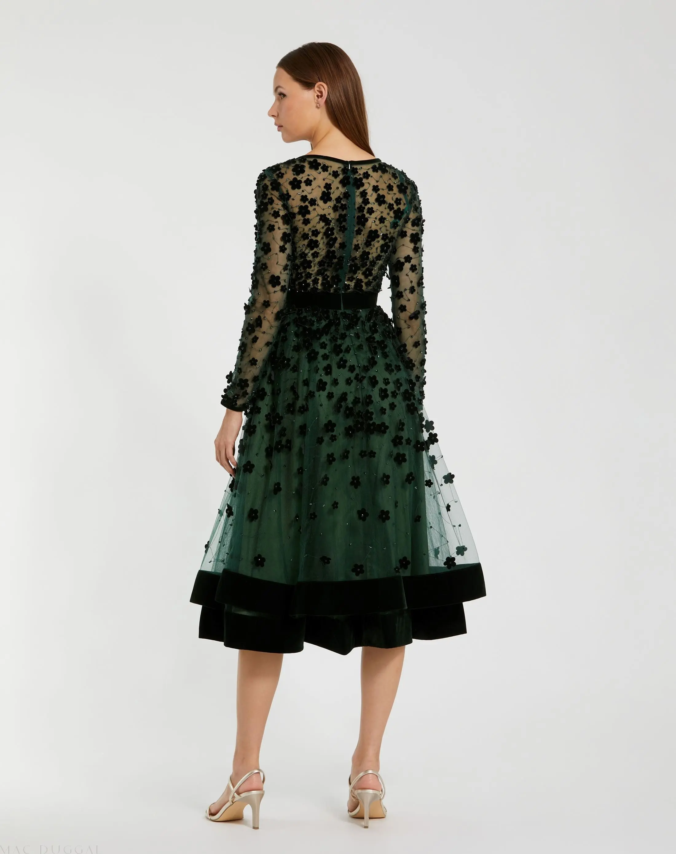 Green Velvet Embellished Illusion Long Sleeve A-Line Midi Dress - Image 3