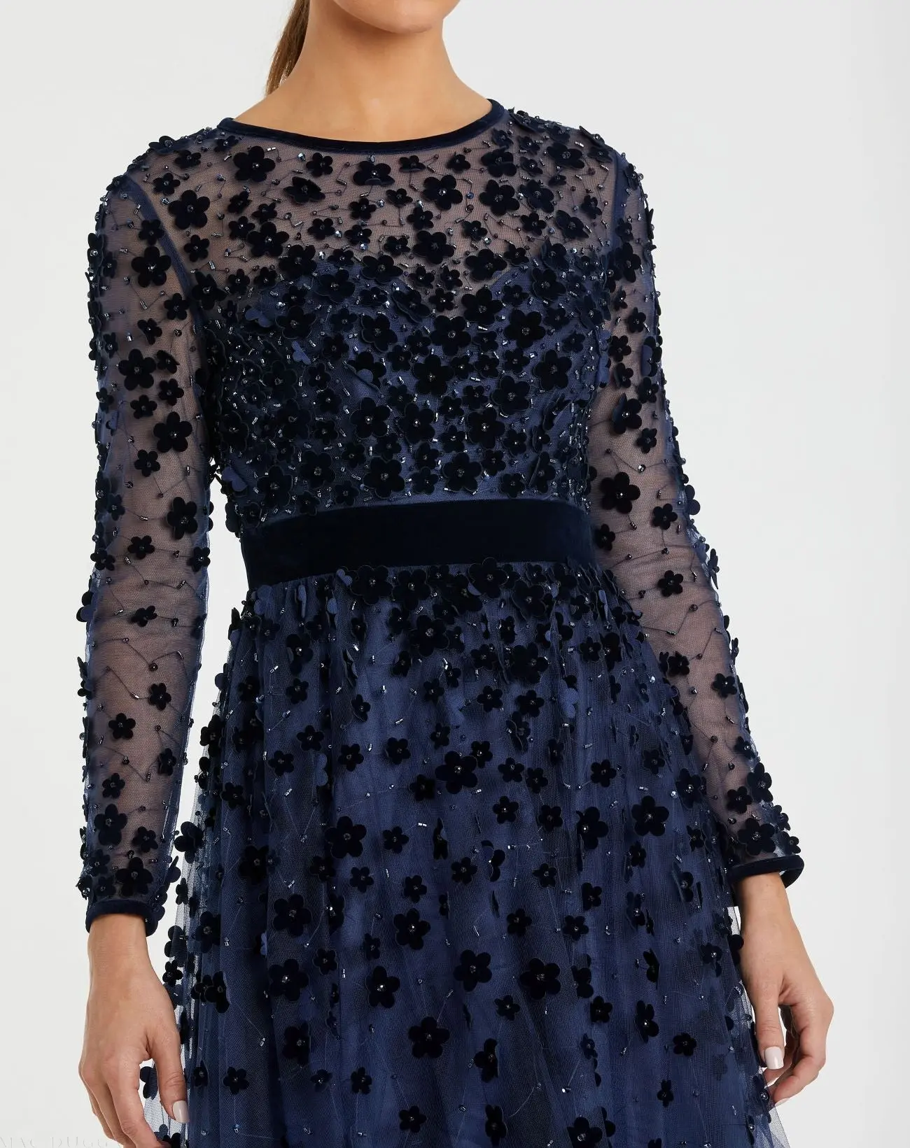 Navy Velvet Embellished Illusion Long Sleeve A-Line Midi Dress - Image 2