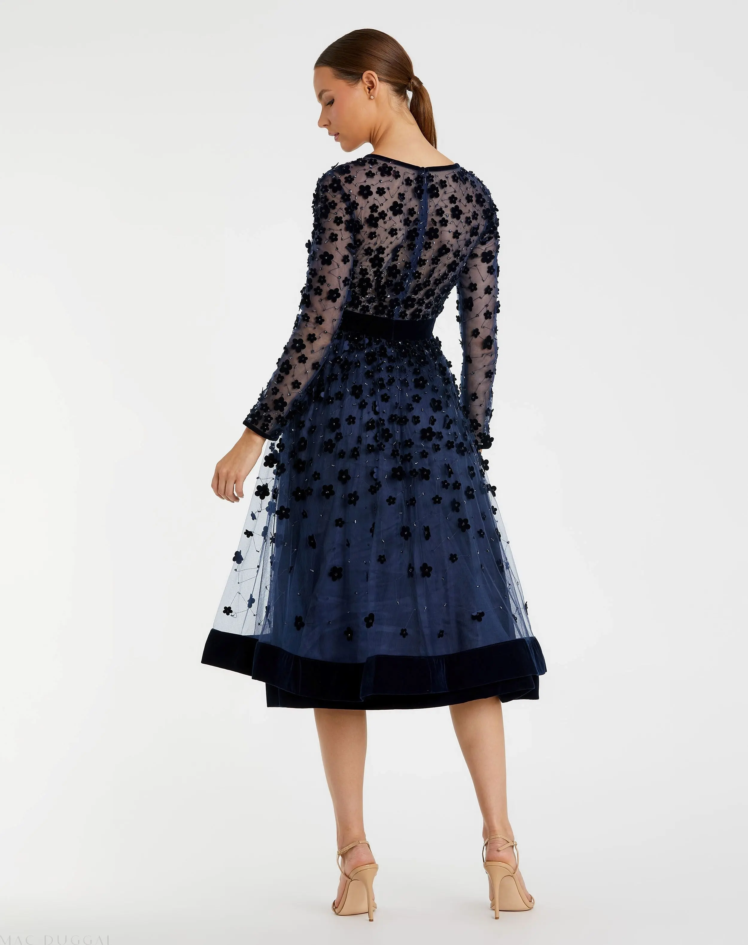 Navy Velvet Embellished Illusion Long Sleeve A-Line Midi Dress - Image 3