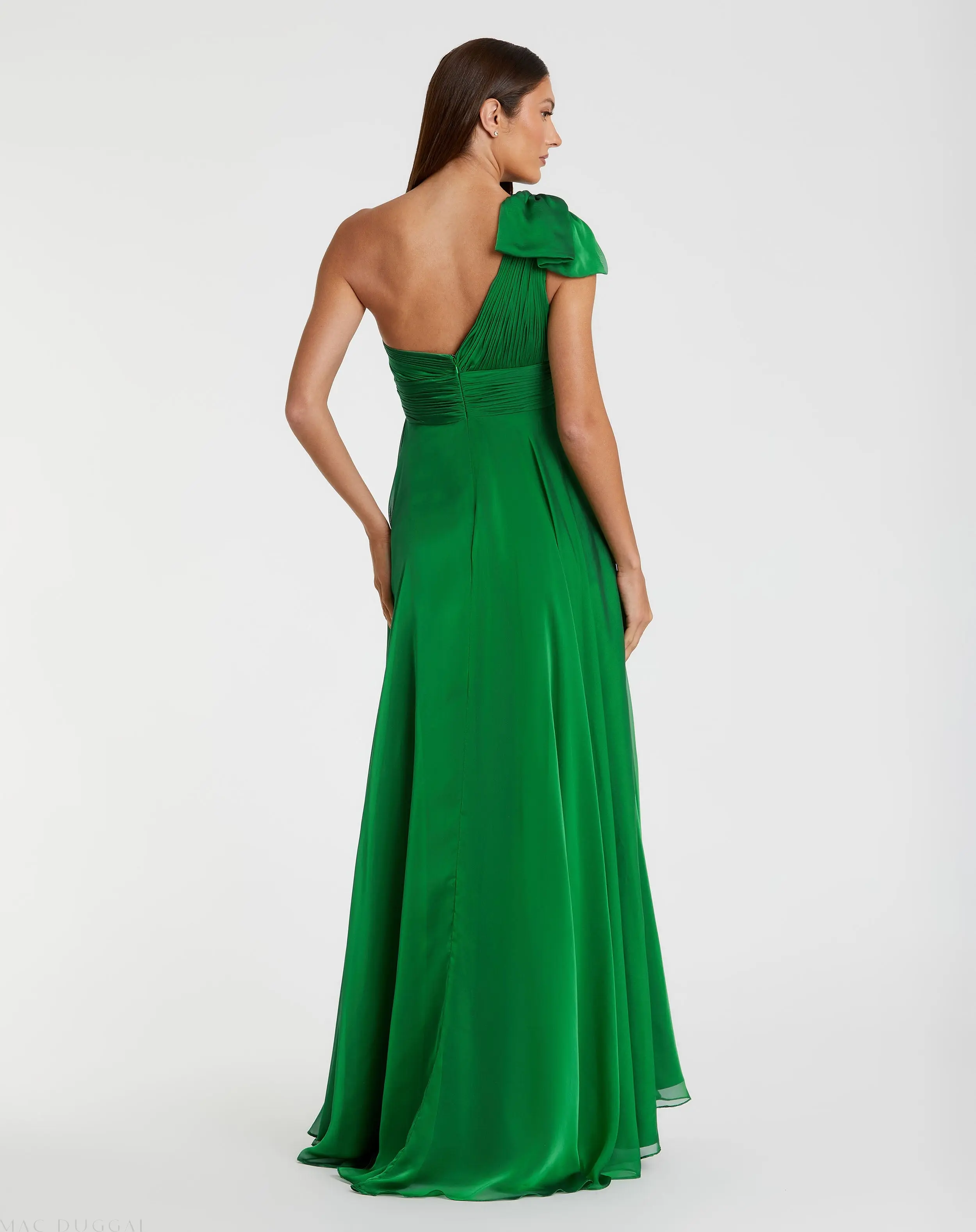 Green Sleeveless One Shoulder Pleated Gown - Image 3