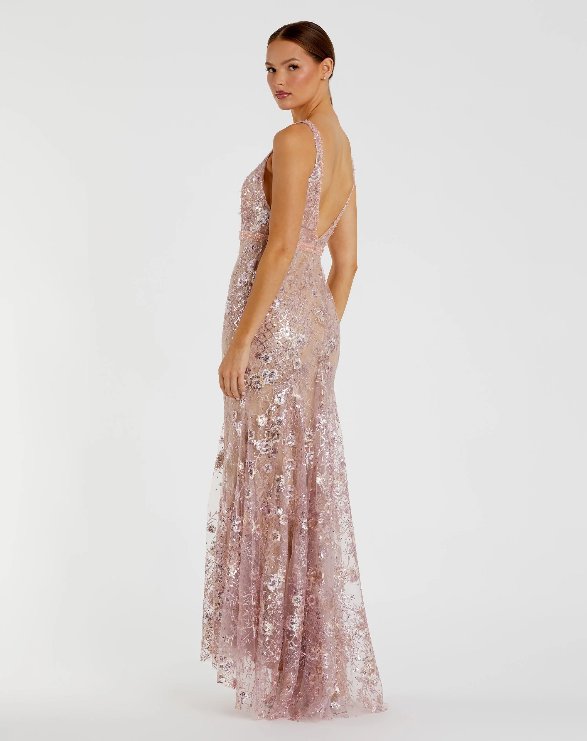 Pink Floral Embellished Sleeveless Plunge Neck Gown - Image 3