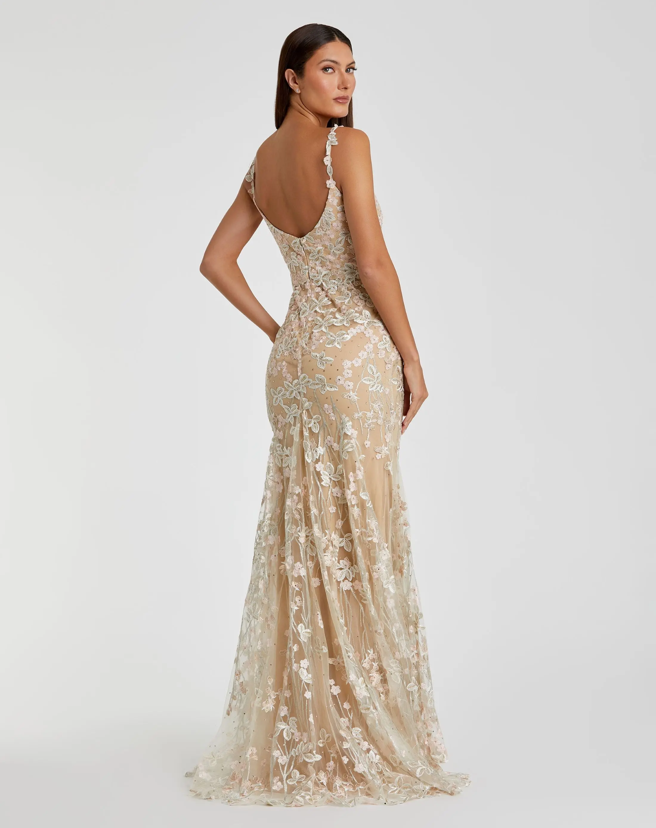 Beige Floral Embroidered Tulle Trumpet Gown - FINAL SALE - Image 3