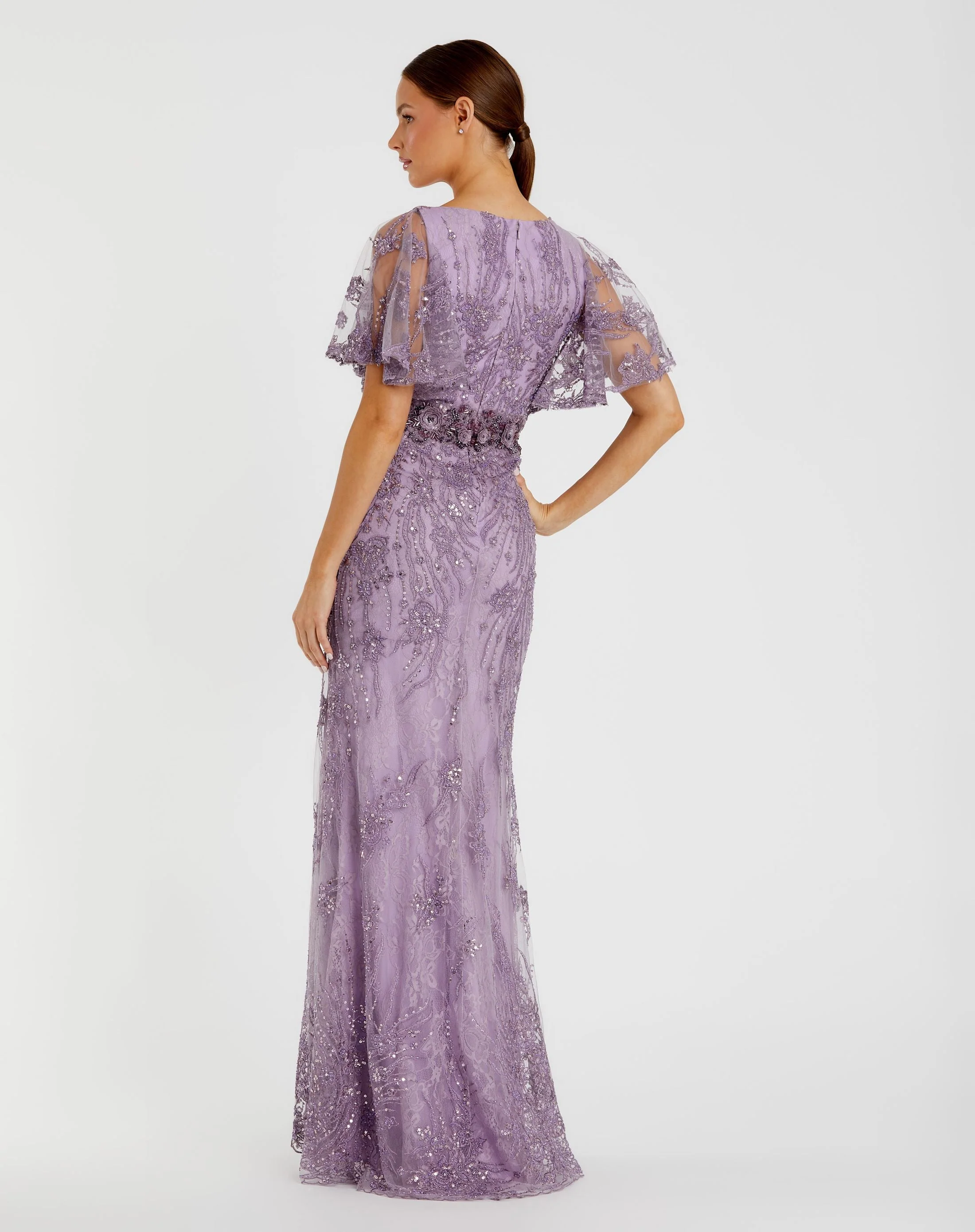 Purple Embellished Flutter Sleeve Evening Gown - Image 3