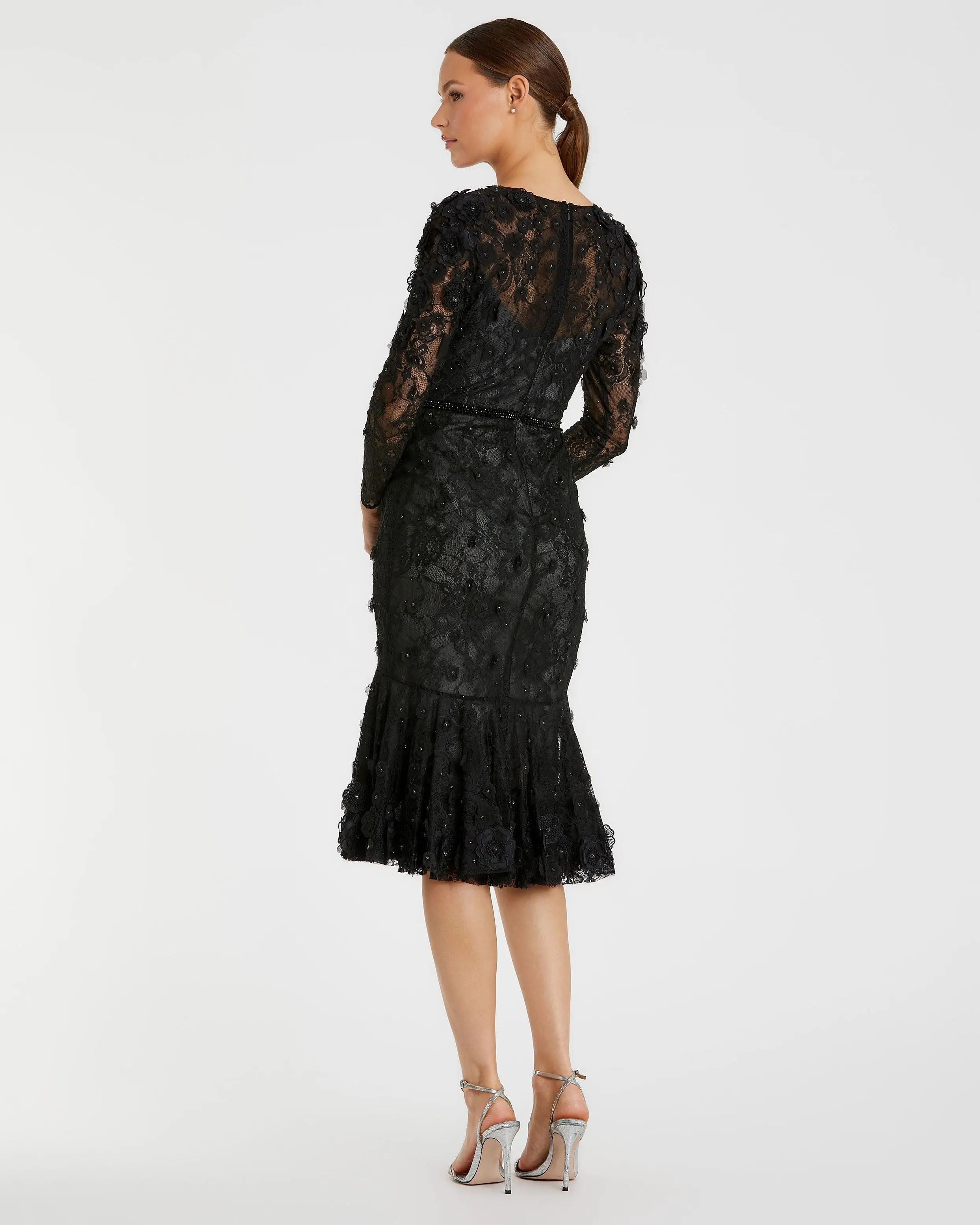 Black Floral Appliqué Long Sleeve Cocktail Dress - Image 3