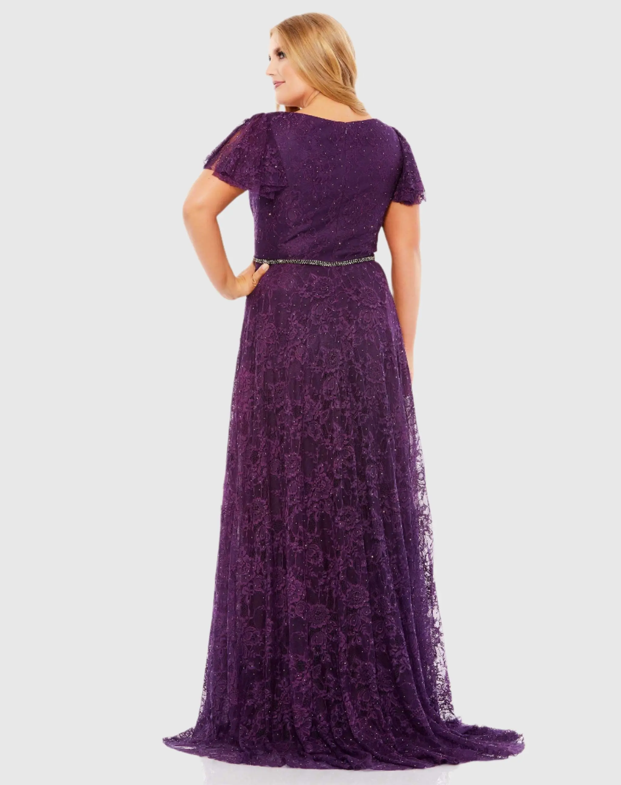 Purple Embellished Flutter Sleeve Evening Gown (Plus) - Image 3