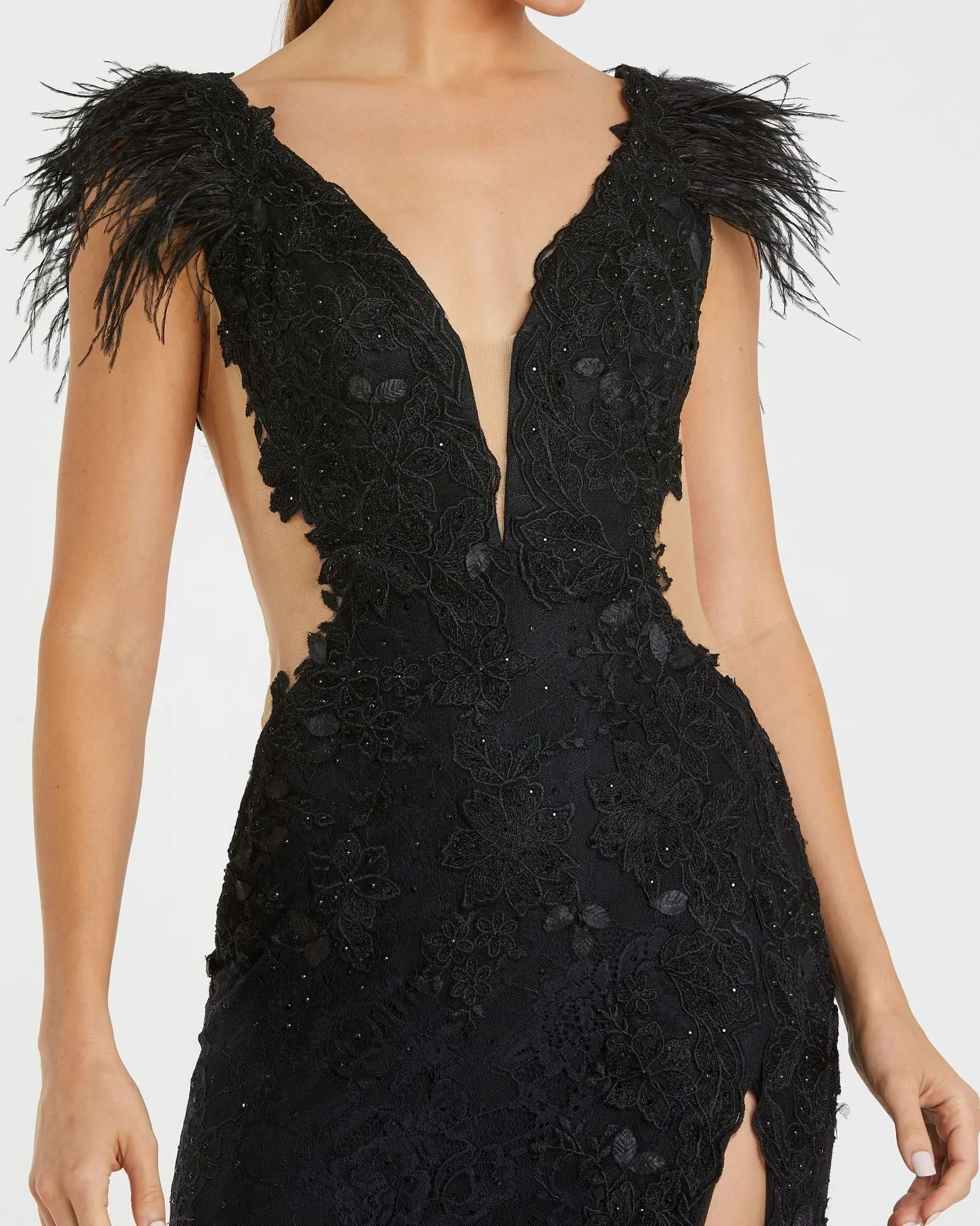 Black Feather Cap Sleeve Lace Gown - Image 2