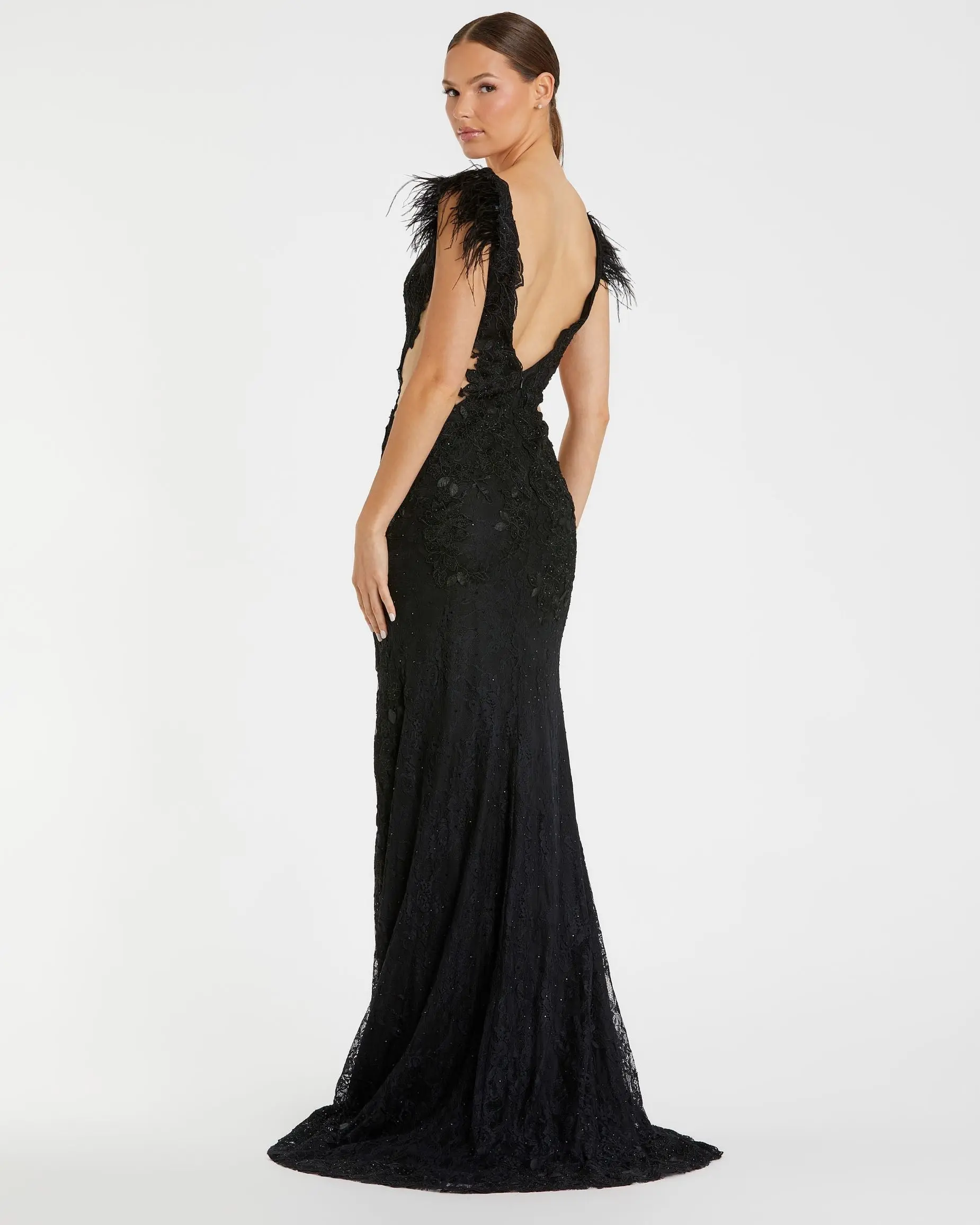 Black Feather Cap Sleeve Lace Gown - Image 3