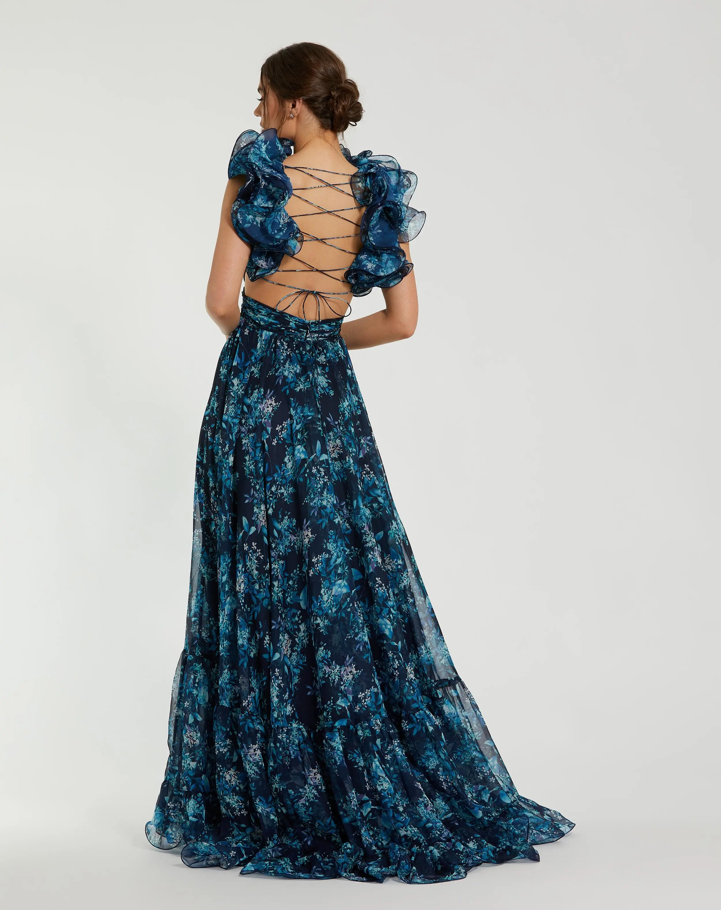 Navy Tiered Floral Cut-Out Chiffon Gown - Image 3