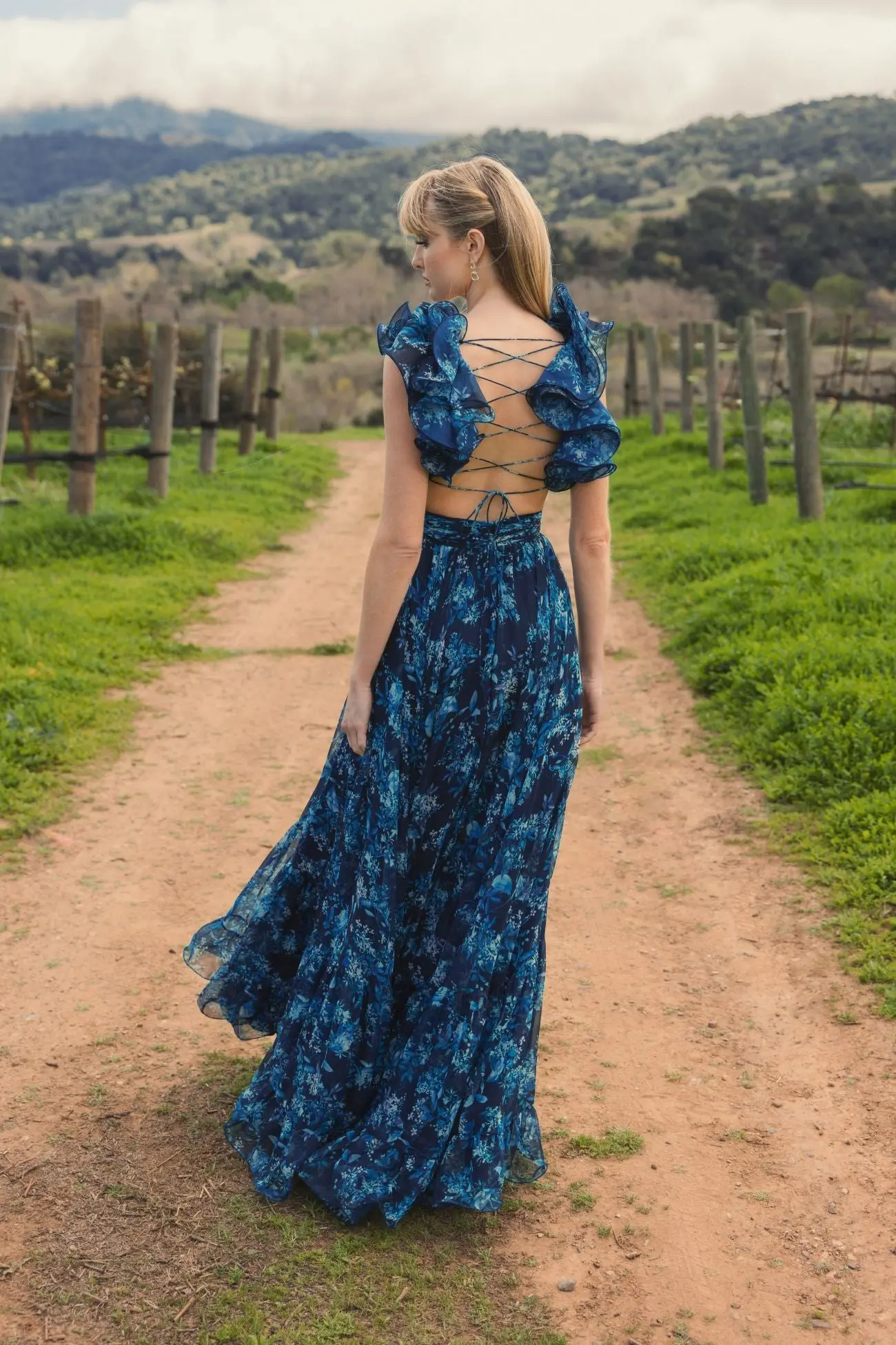 Navy Tiered Floral Cut-Out Chiffon Gown - Image 6