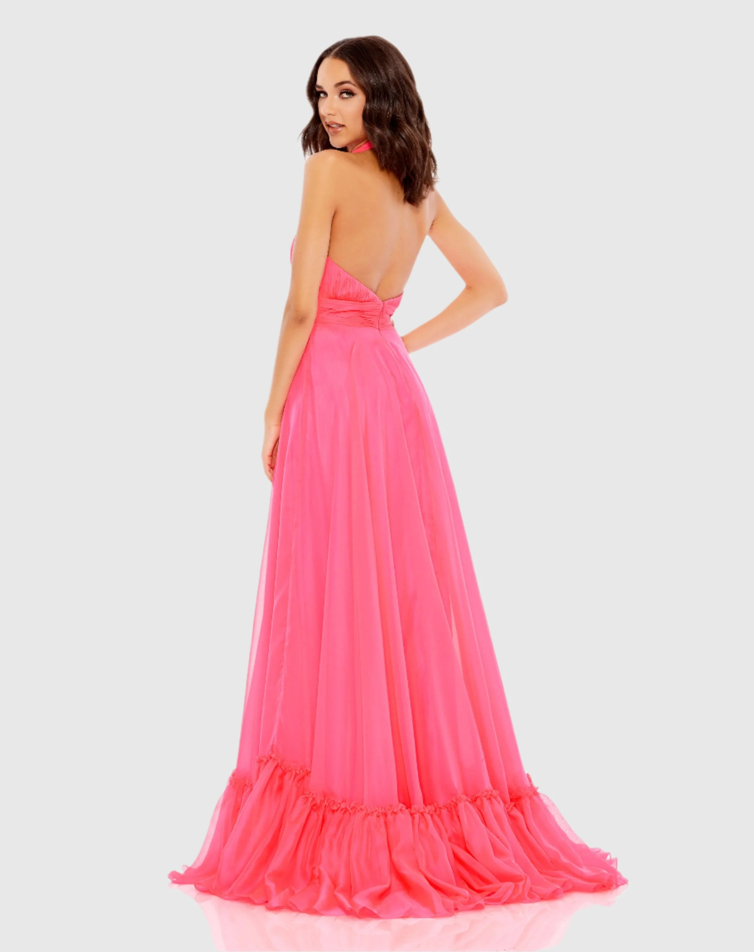 Pink High Neck Tiered Chiffon Halter Gown - Image 3