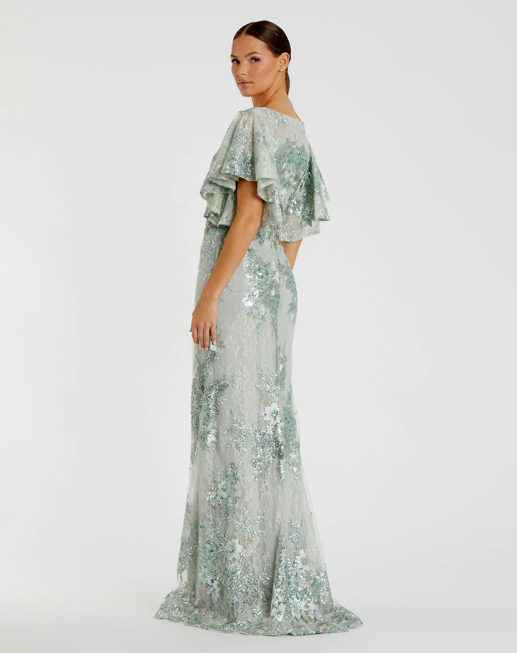 Green Bell Sleeve Floral Embellished Gown - Image 3
