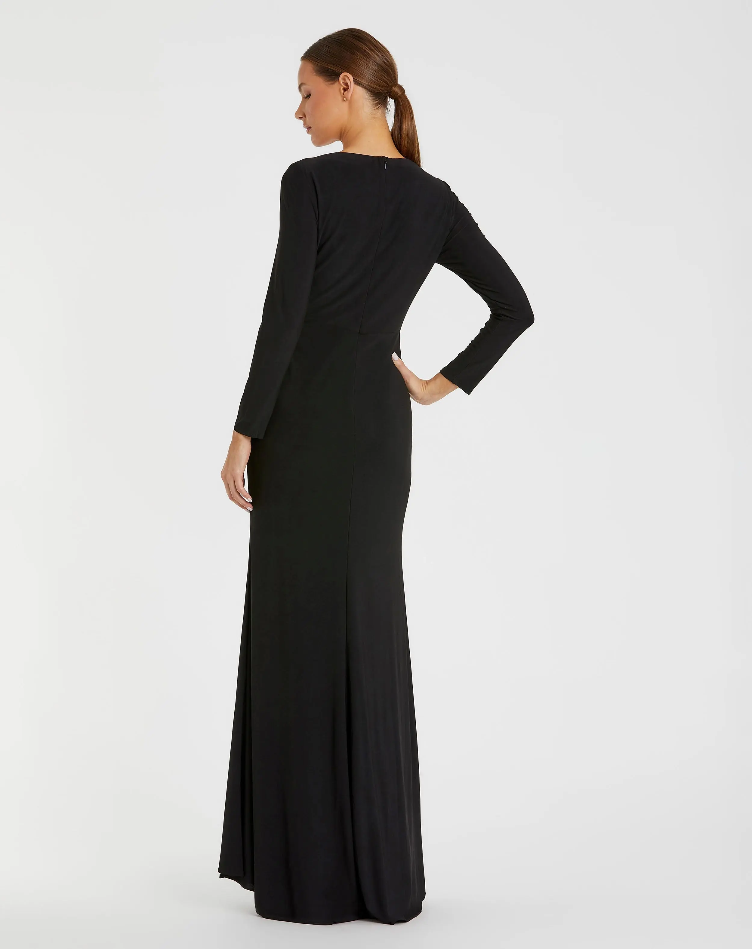 Black Faux Wrap Long Sleeve Evening Gown with Appliqué Detail - Image 3