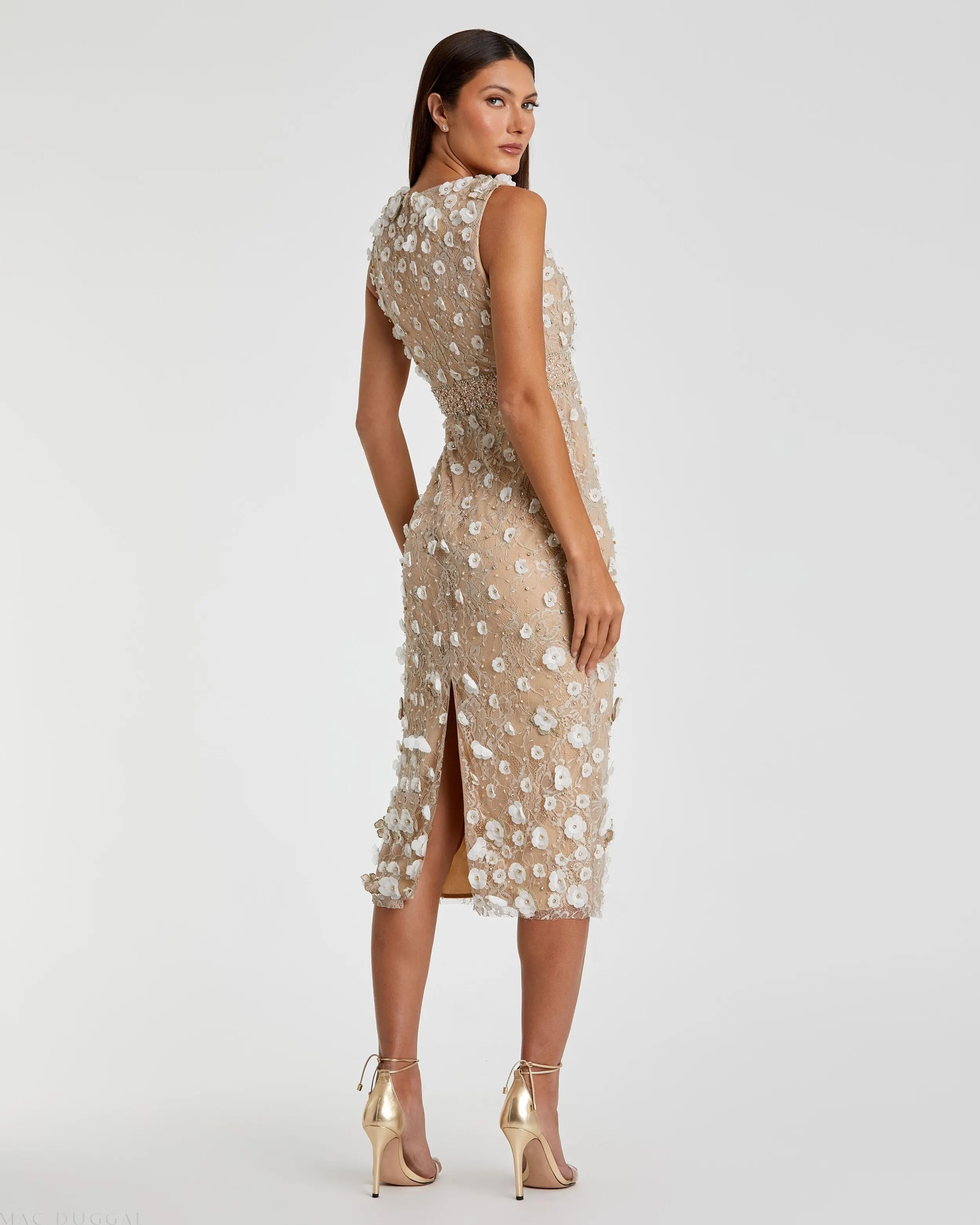 Nude Floral Applique Sleeveless Midi Dress - Image 3