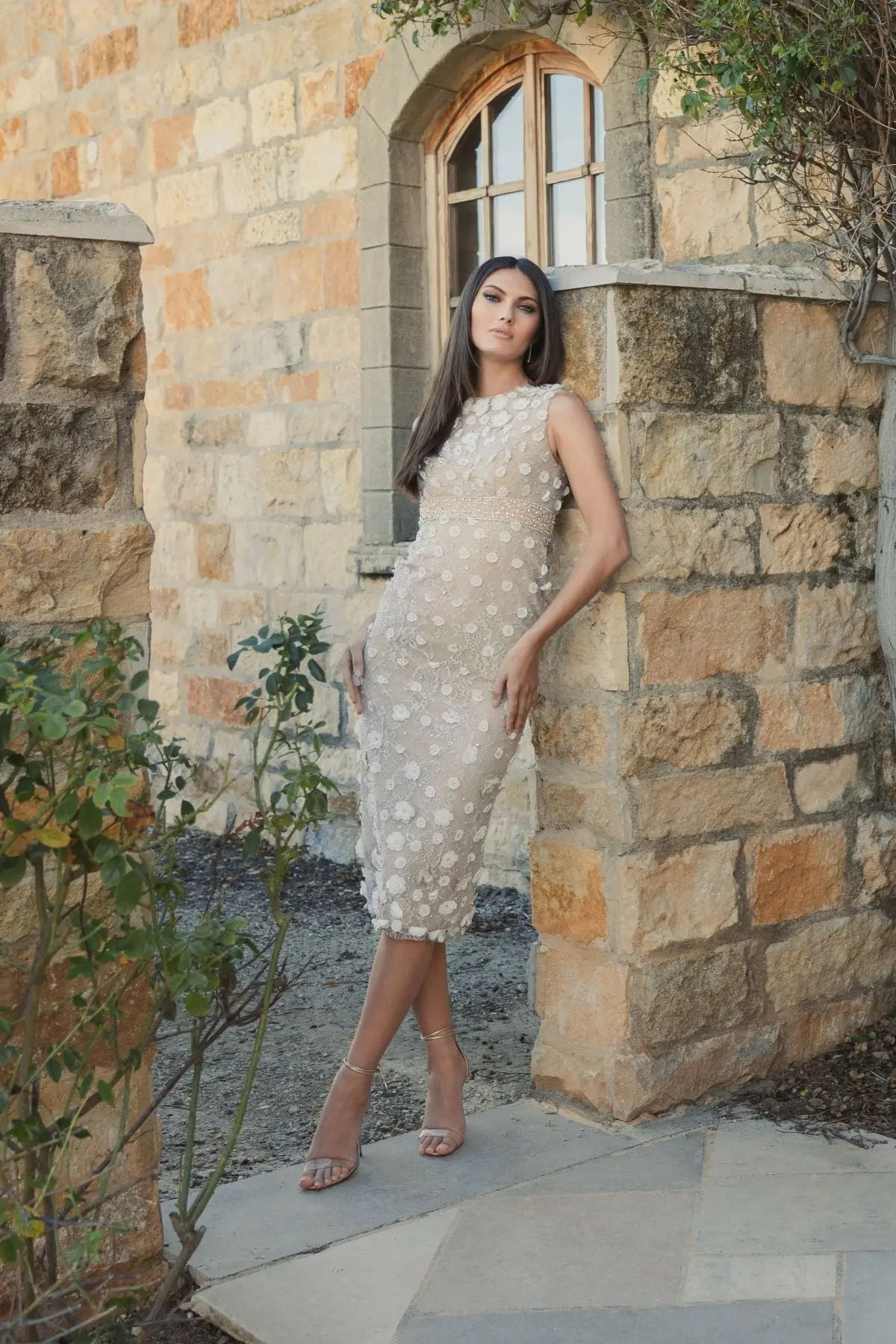Nude Floral Applique Sleeveless Midi Dress - Image 4