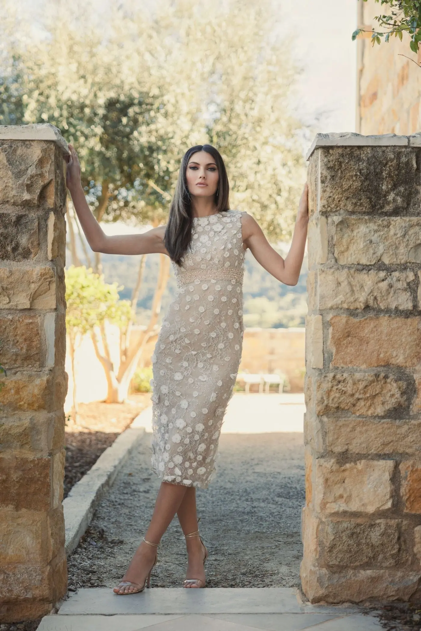 Nude Floral Applique Sleeveless Midi Dress - Image 6
