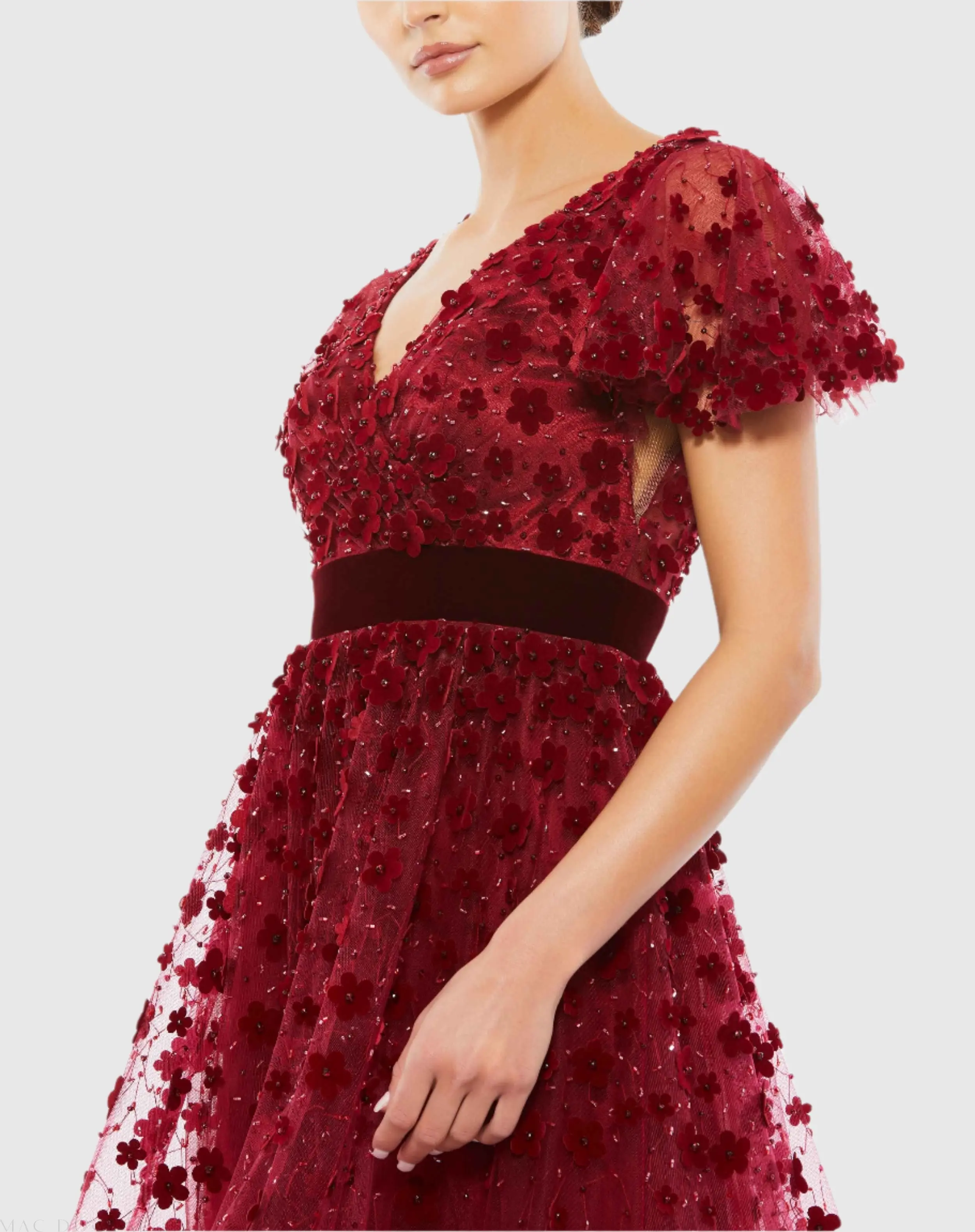 Red Embellished Butterfly Sleeve Velvet Hem Midi Dress - Image 2