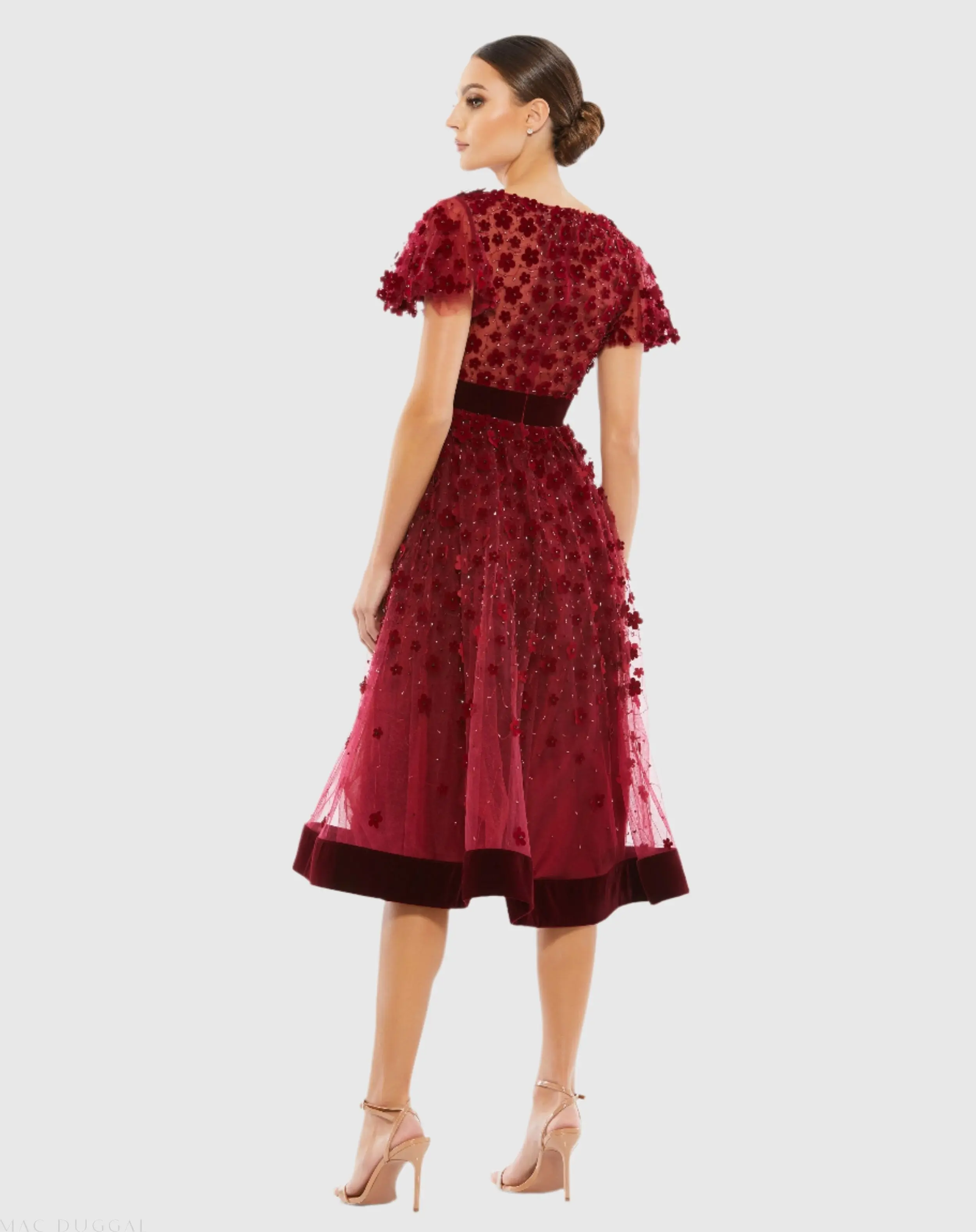 Red Embellished Butterfly Sleeve Velvet Hem Midi Dress - Image 3