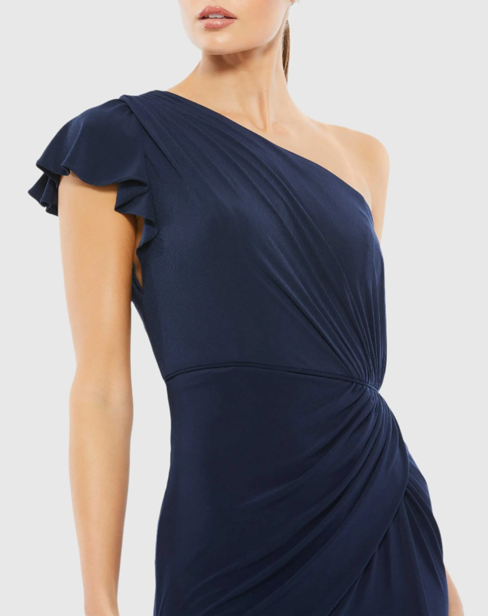 Navy Ruffled One Shoulder Draped Gown - Image 2
