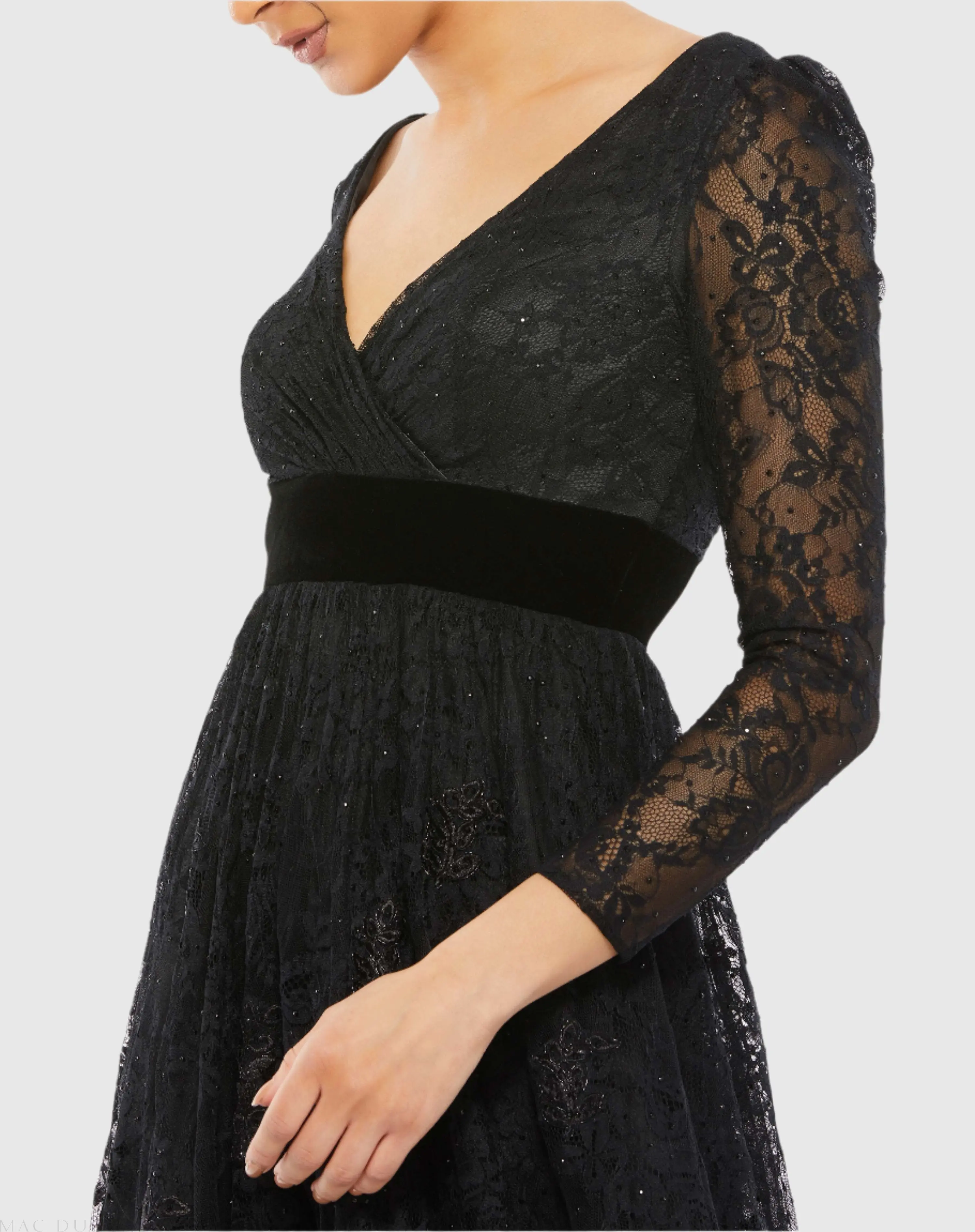 Black Lace Long Sleeve V-Neck Wrap Over Gown - Image 2