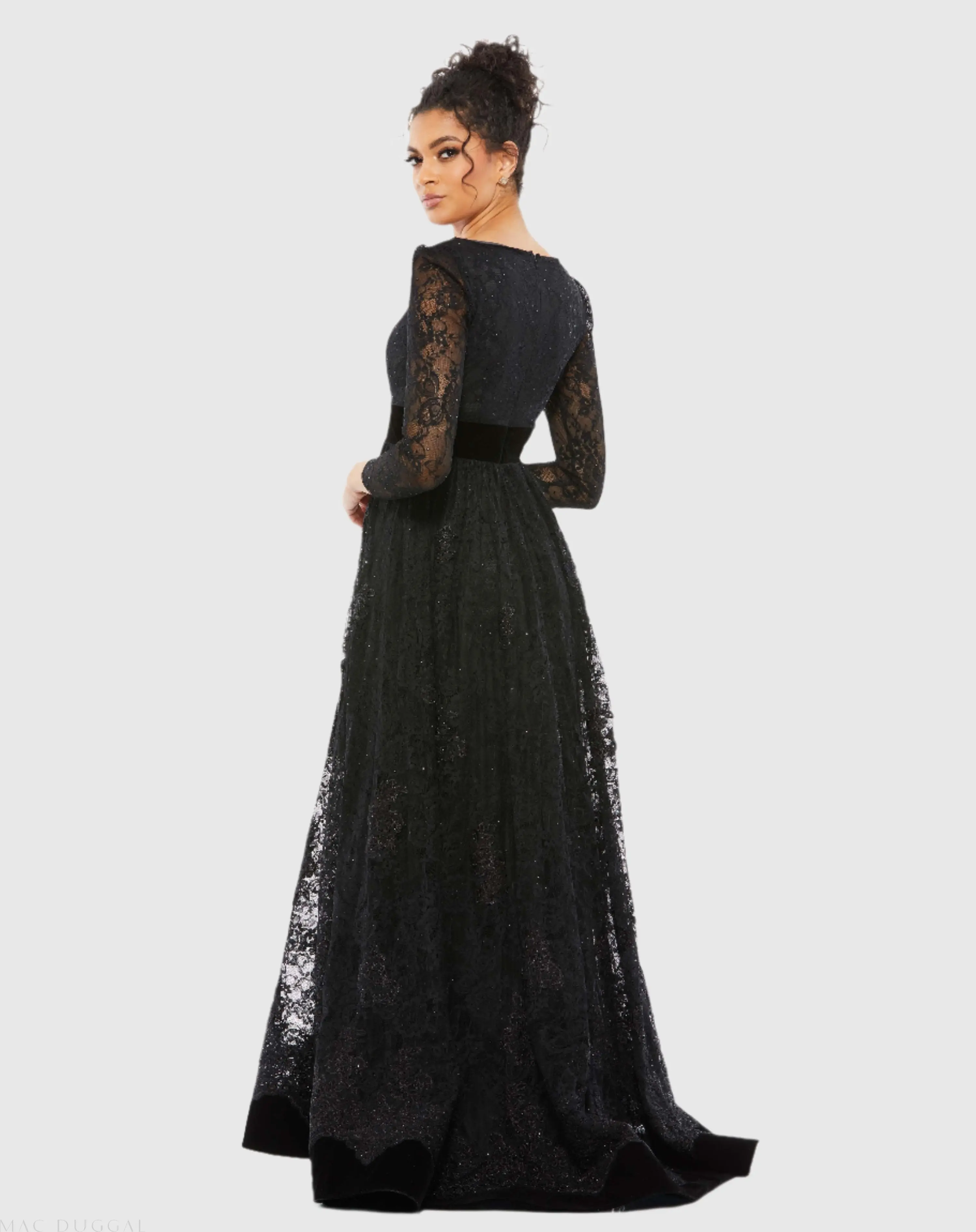Black Lace Long Sleeve V-Neck Wrap Over Gown - Image 3