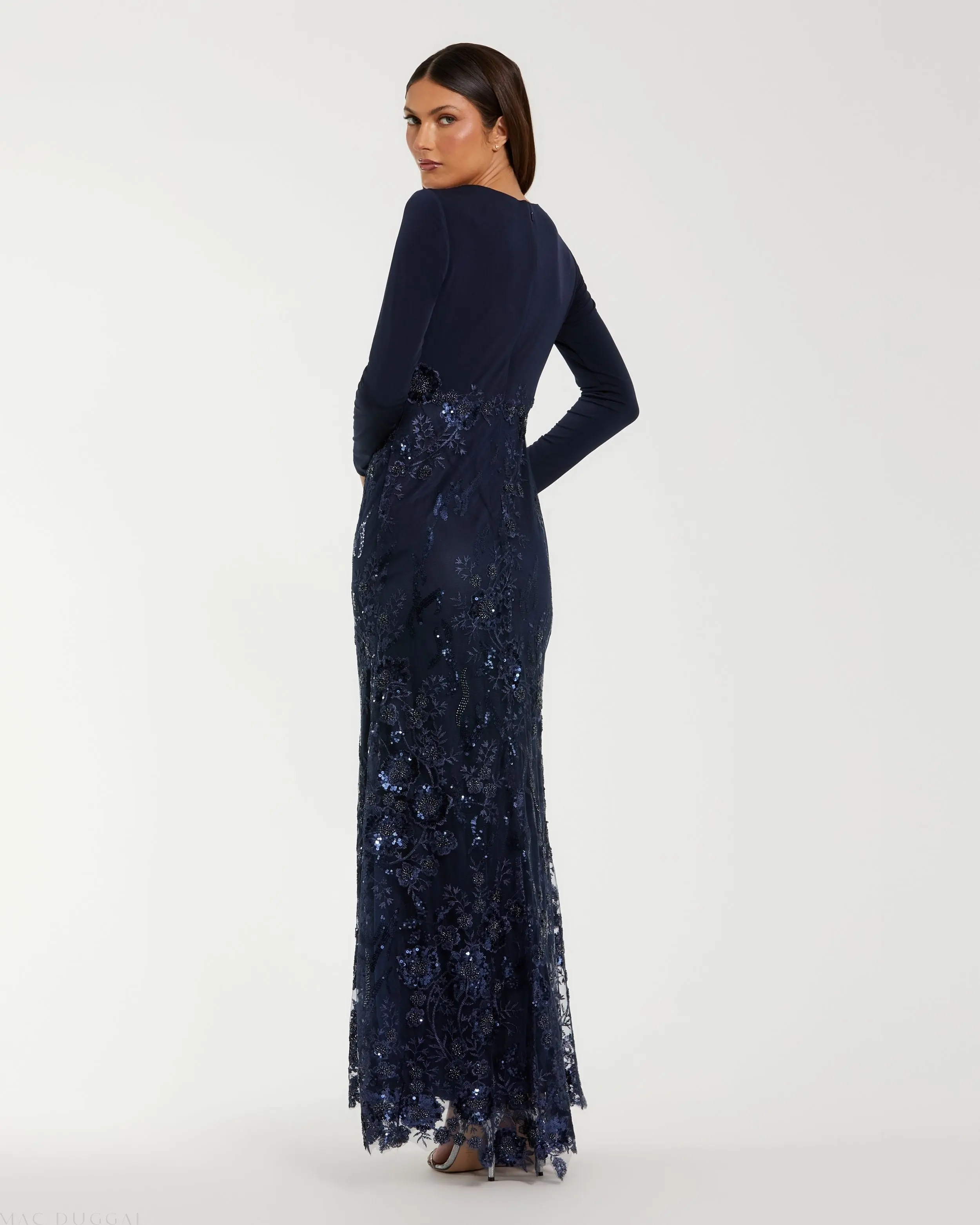 Navy Embellished Long Sleeve Wrap Over Trumpet Gown - Image 3