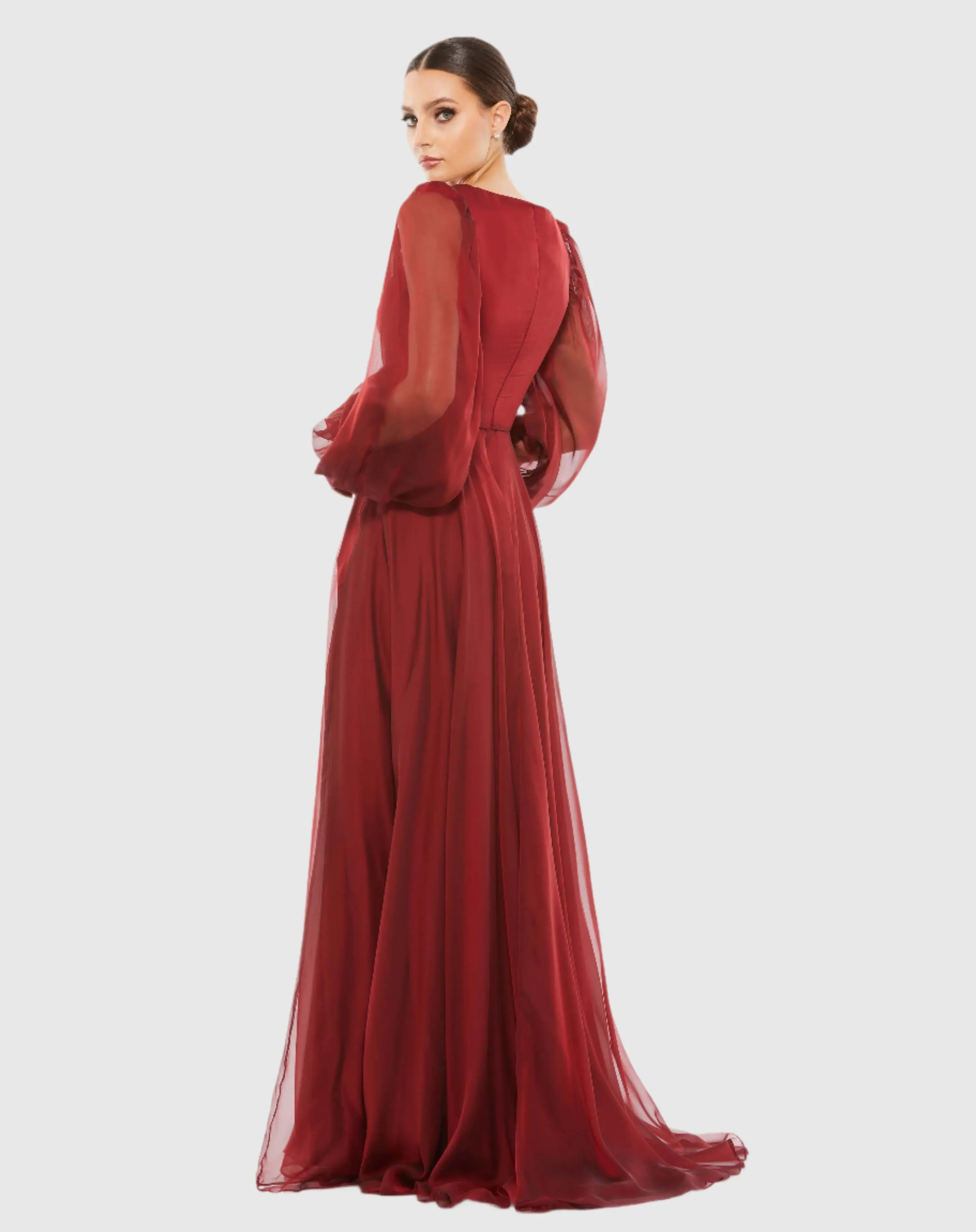 Red Sheer Blouson Sleeve Surplice Gown - Image 3