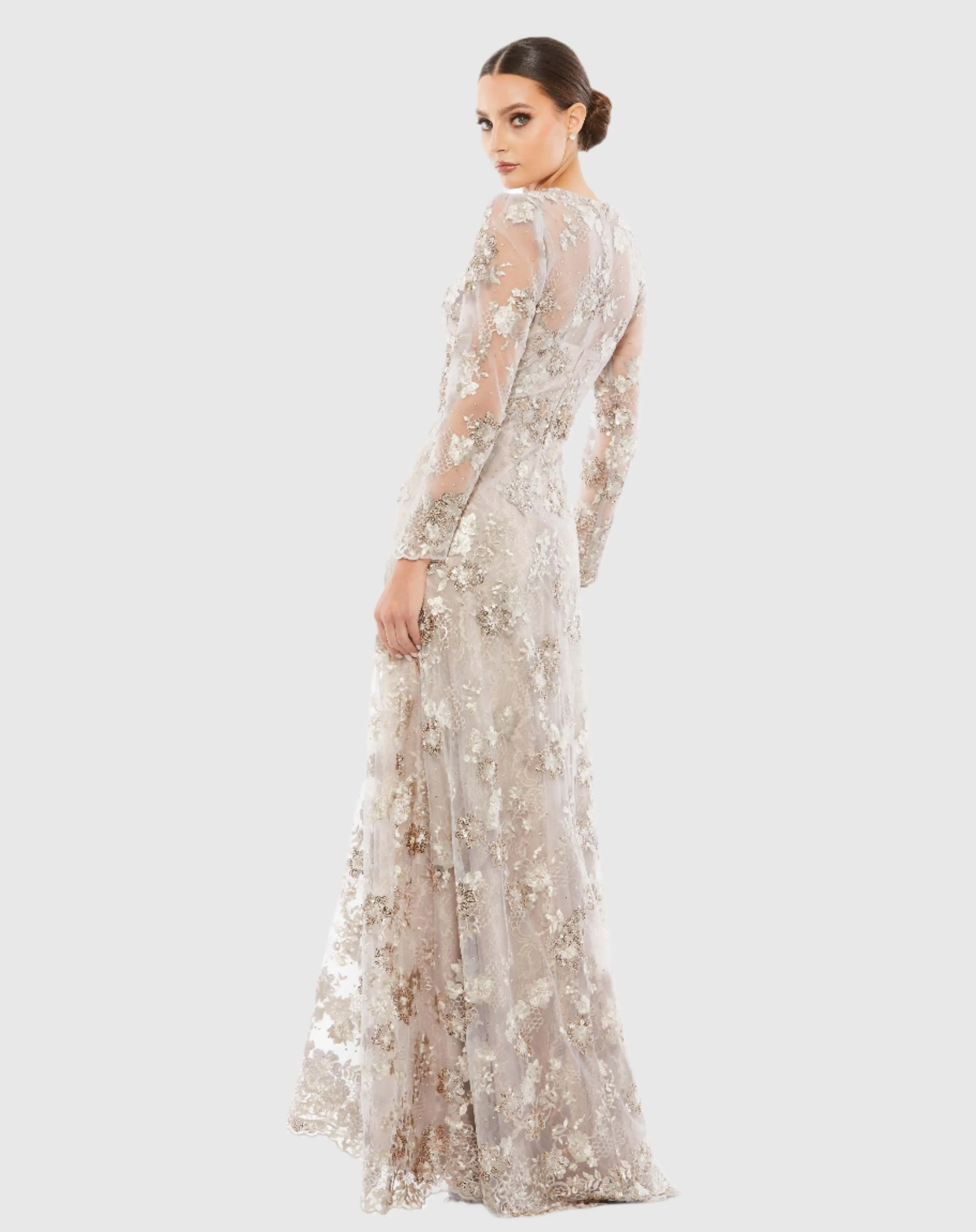Beige Floral Embroidered Illusion Long Sleeve Evening Gown - Image 3