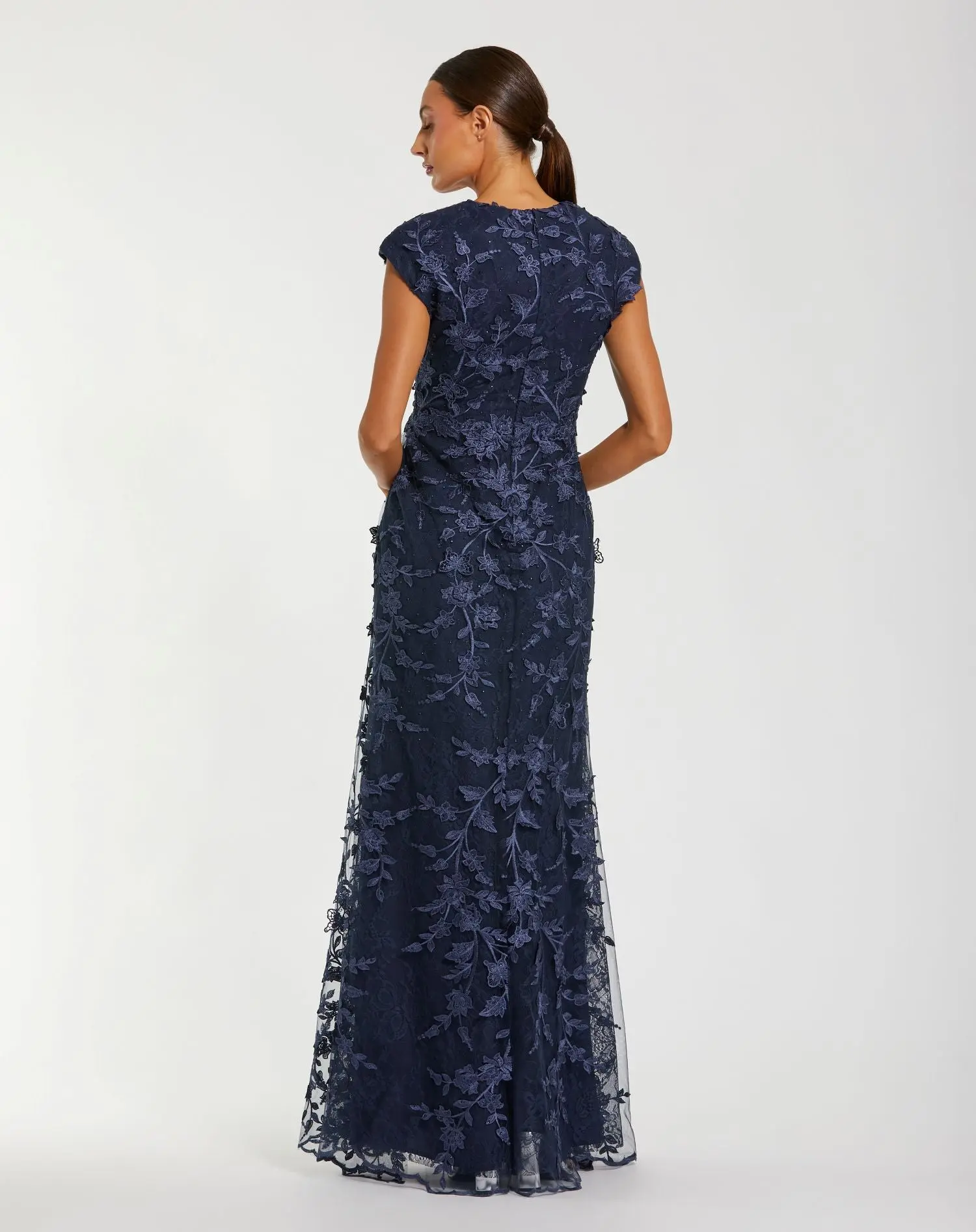 Women's Faux Wrap Embroidered Cap Sleeve Gown - Image 3